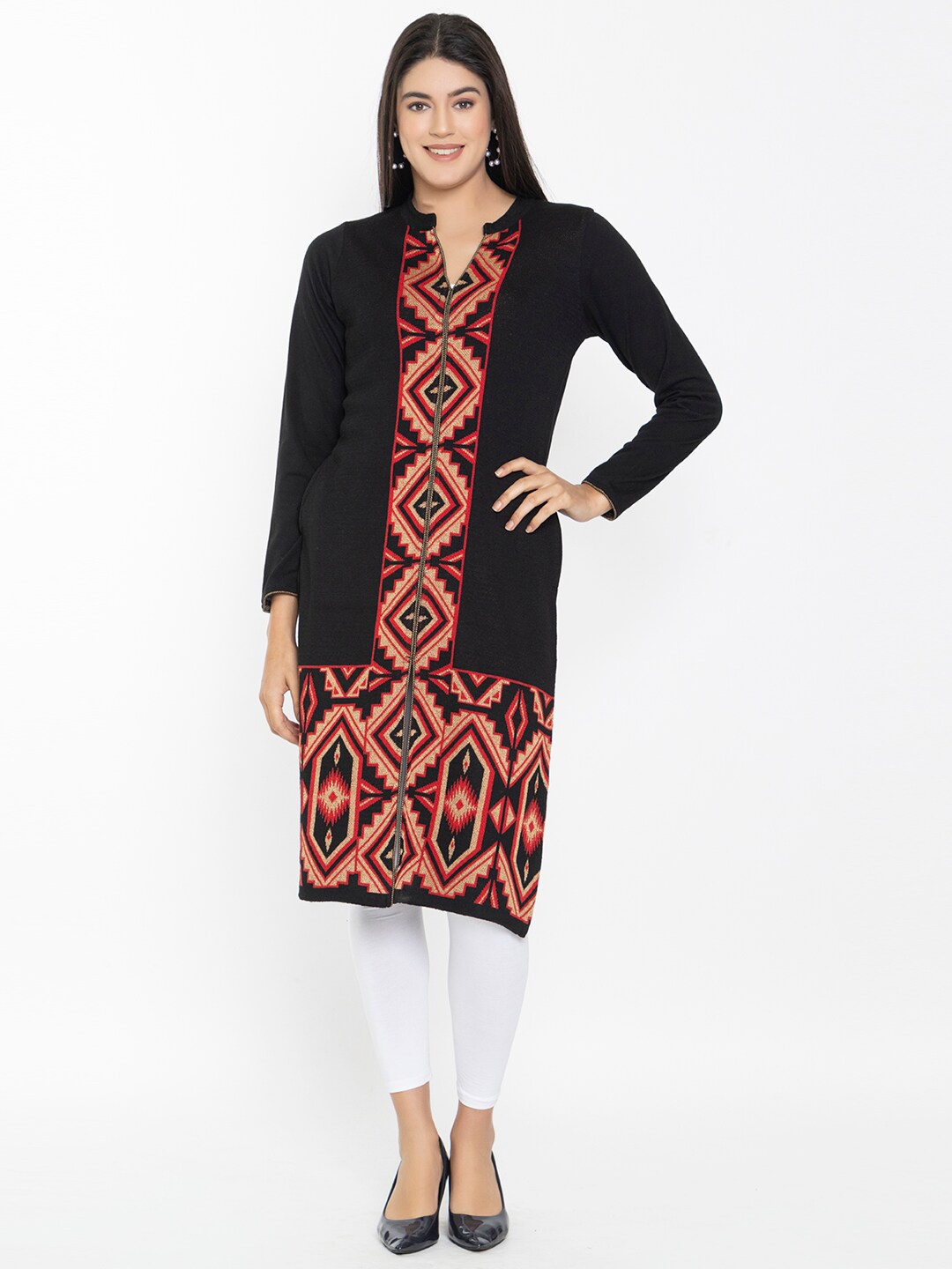 

KEIKO Geometric Printed Acrylic Mandarin Collar Kurta, Black