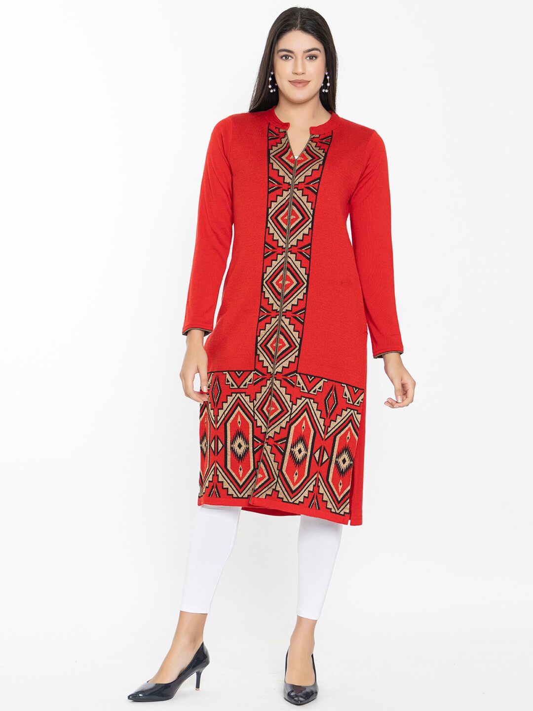 

KEIKO Geometric Printed Mandarin Collared Kurta, Red