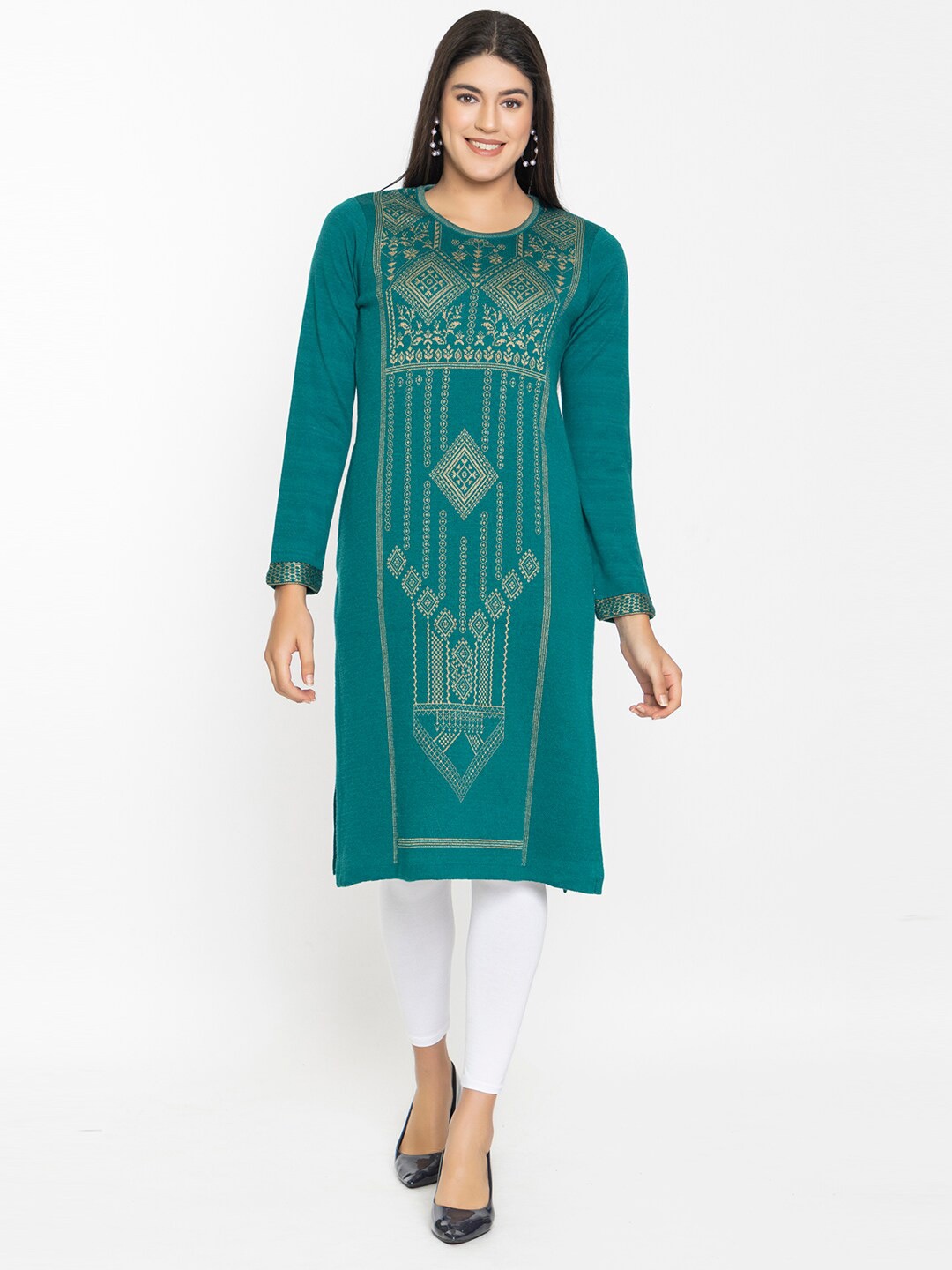 

KEIKO Round Neck Ethnic Motifs Printed Straight Fit Acrylic Kurta, Green