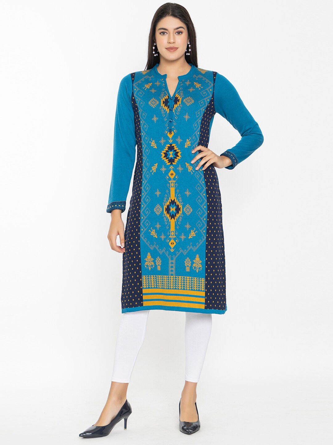 

KEIKO Band Collar Ethnic Motifs Printed Straight Fit Acrylic Kurta, Turquoise blue