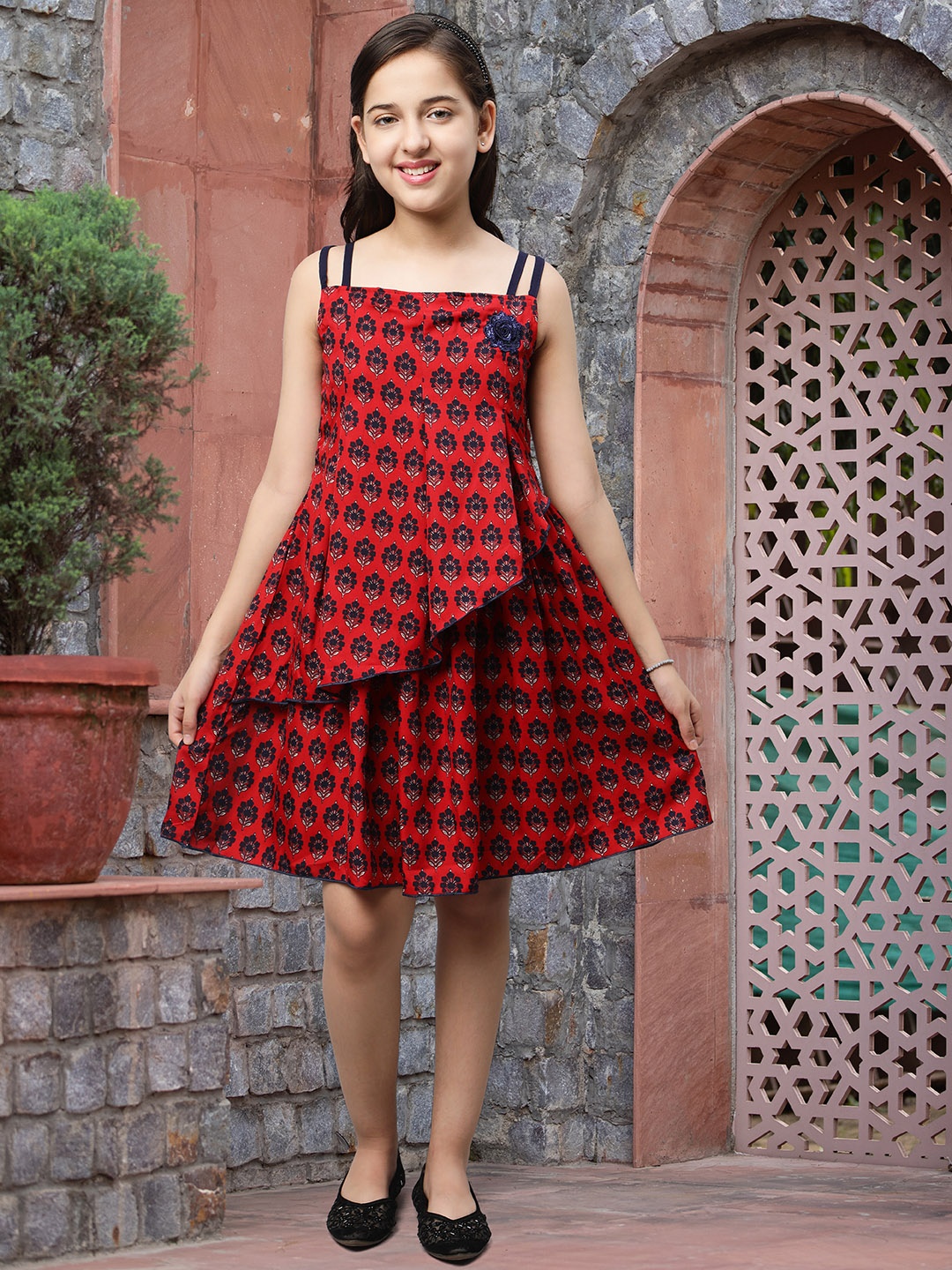 

White World Floral Printed Layered A-Line Dress, Maroon