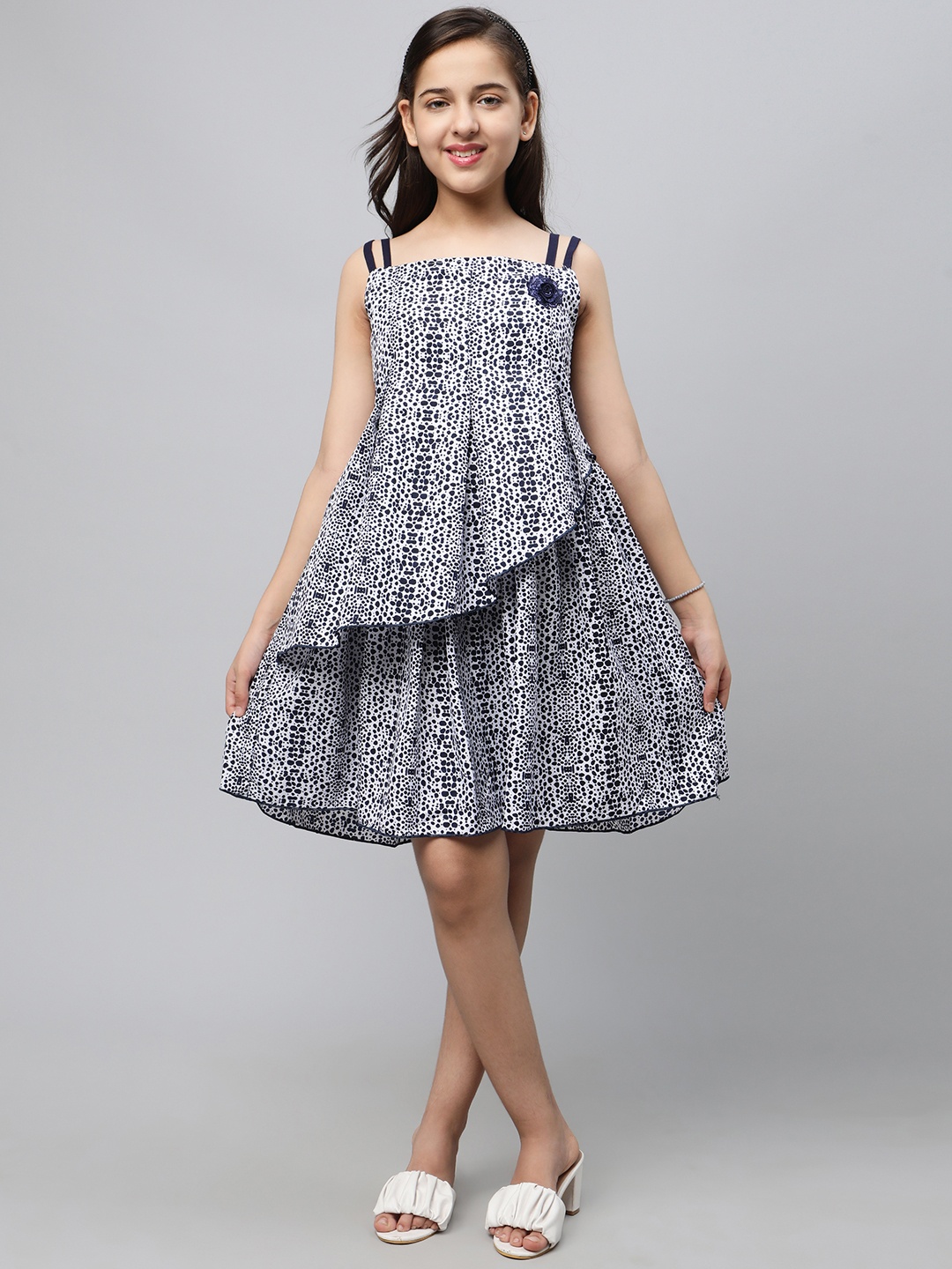 

White World Layered Geometric Printed Shoulder Strap A-Line Dress, Blue