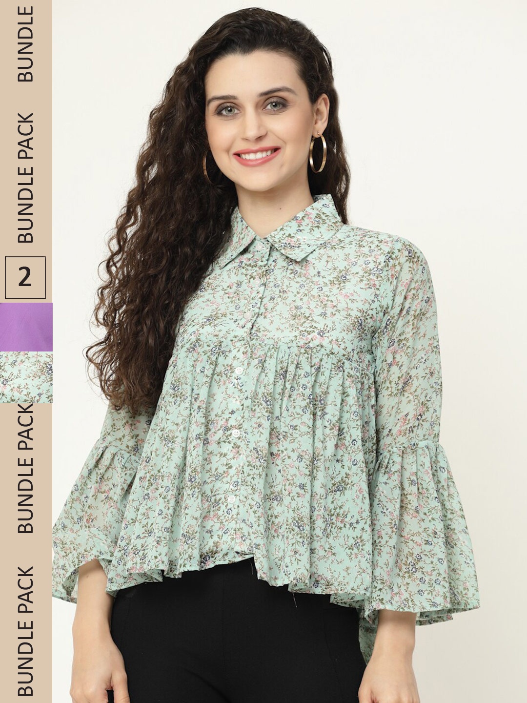 

MISS AYSE Pack of 2 Georgette Shirt Style Top, Green