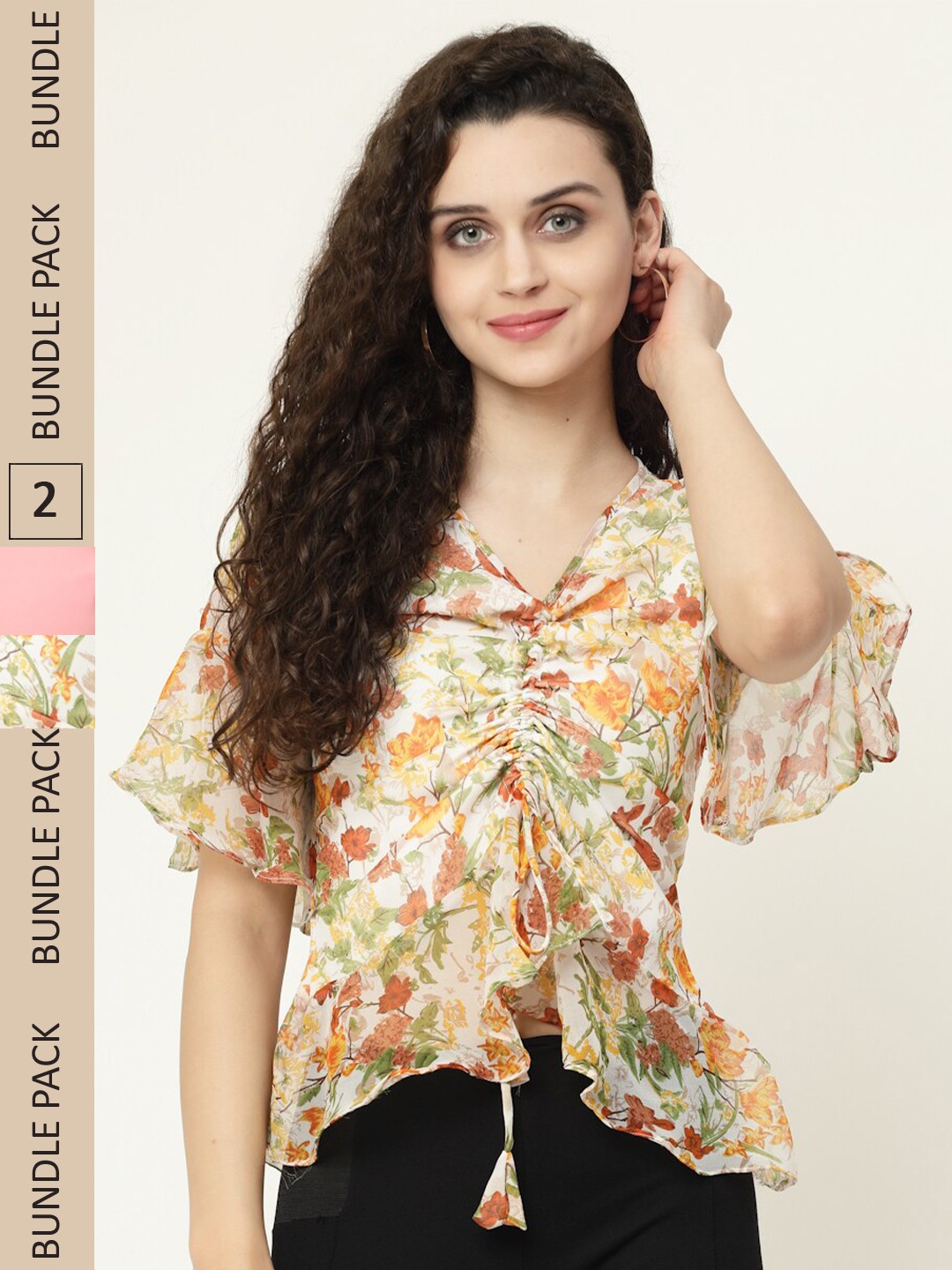 

MISS AYSE Pack of 2 Floral Print Georgette Wrap Top, White