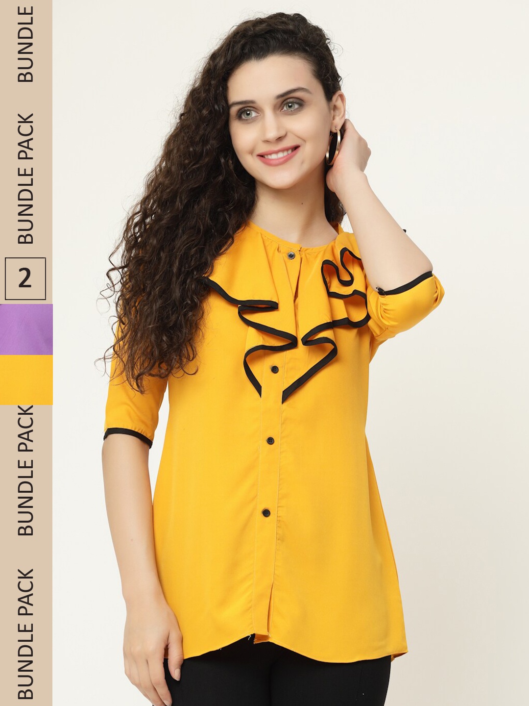 

MISS AYSE Pack of 2 Round Neck Shirt Style Top, Yellow