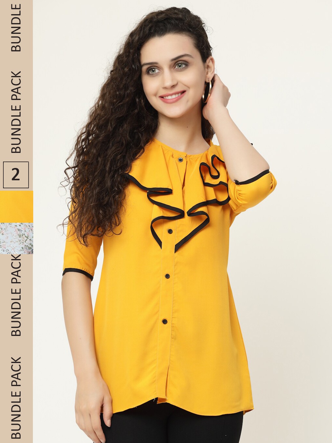 

MISS AYSE Pack of 2 Round Neck Georgette Shirt Style Top, Yellow