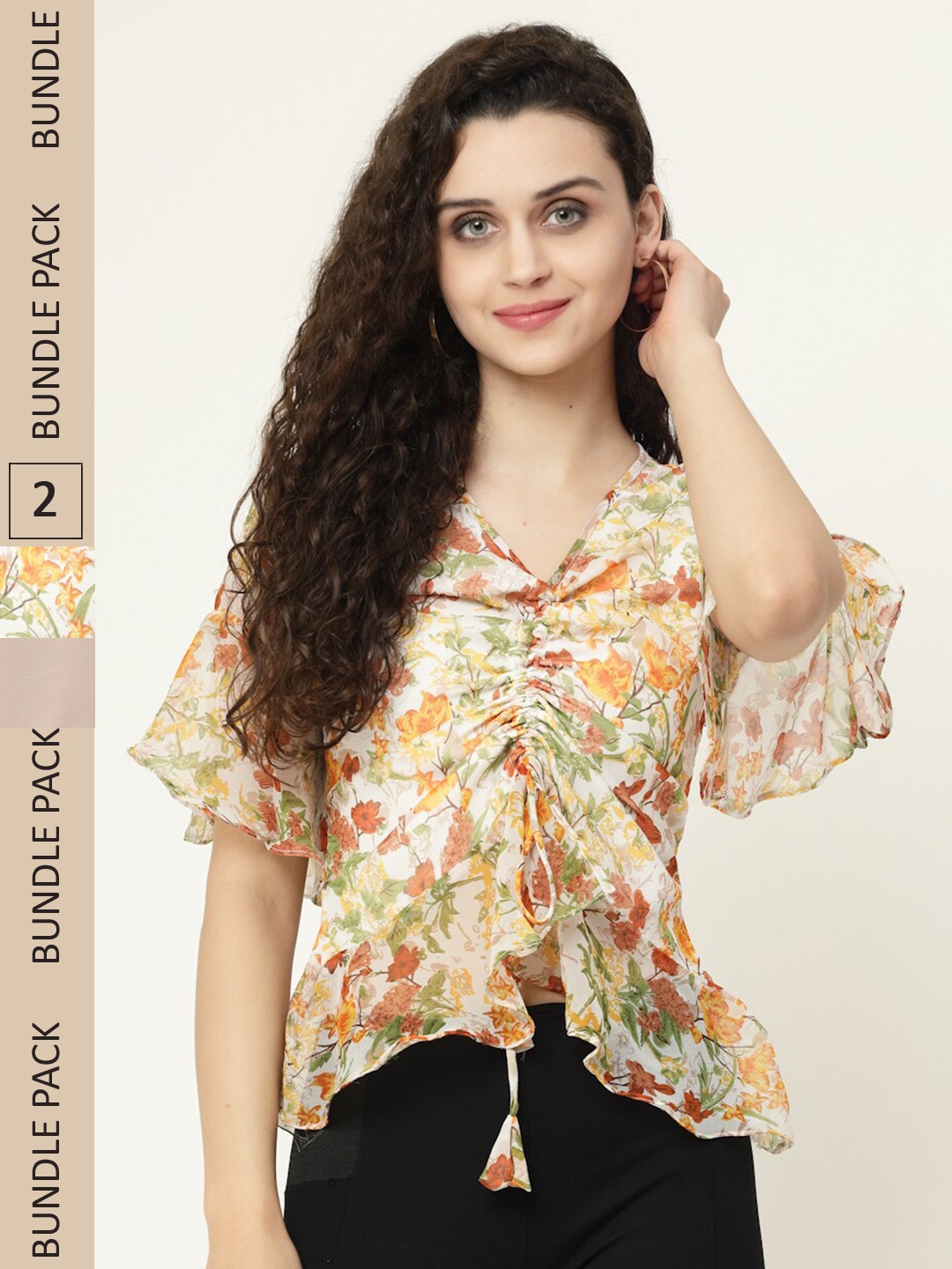

MISS AYSE Pack Of 2 Floral Print Georgette Top, Yellow