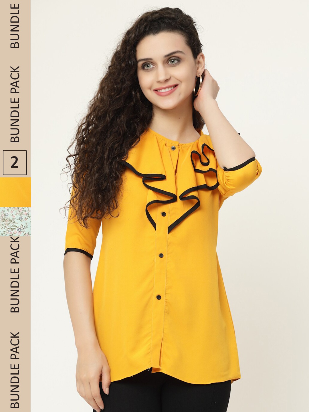 

MISS AYSE Pack of 2 Floral Print Georgette Shirt Style Top, Yellow