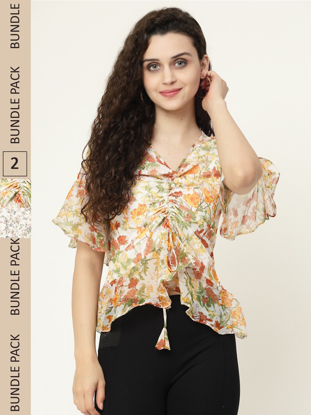 

MISS AYSE Pack of 2 Floral Print Georgette Shirt Style Top, White