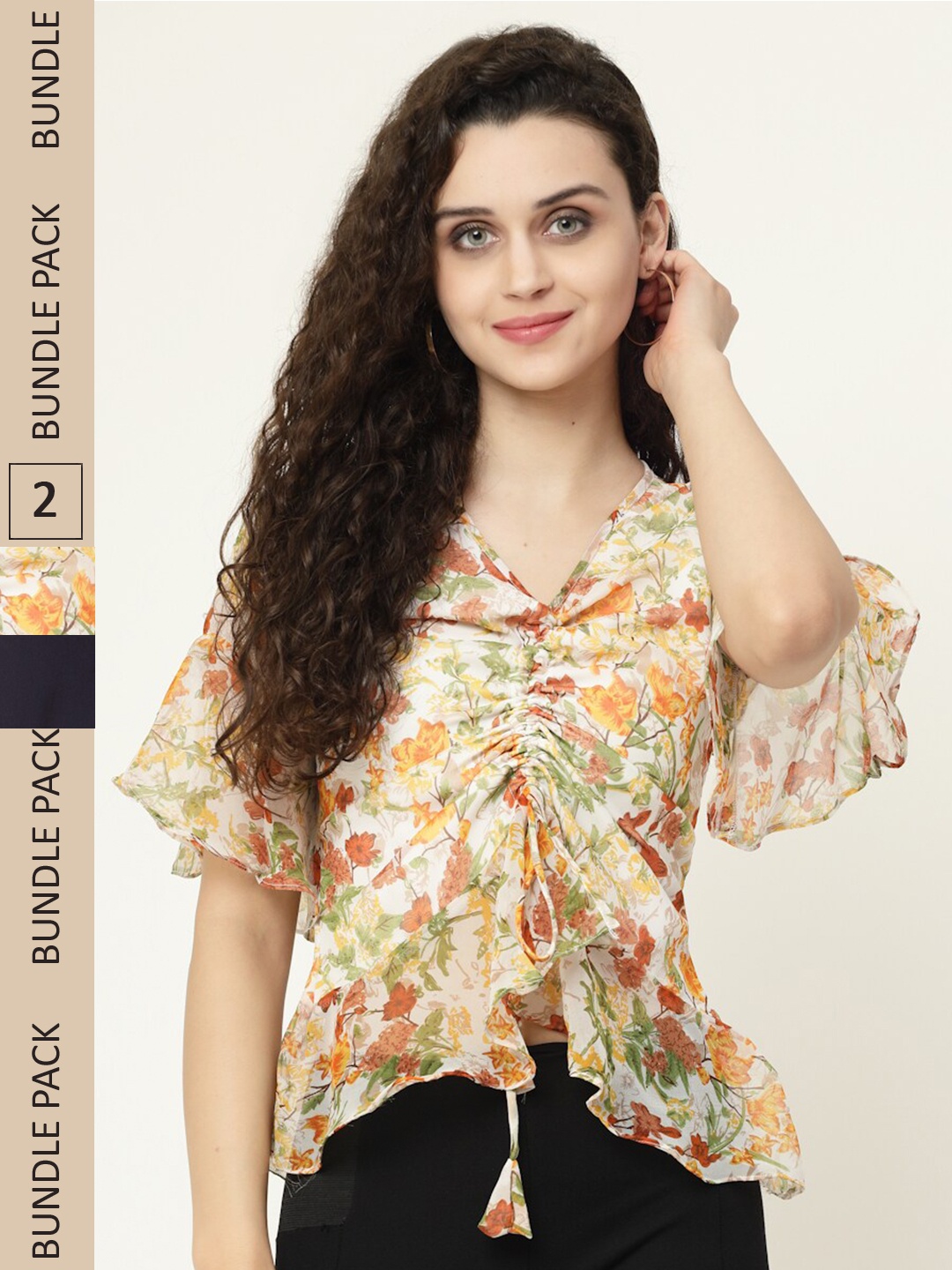 

MISS AYSE Cream-Coloured & Navy Blue Georgette Top