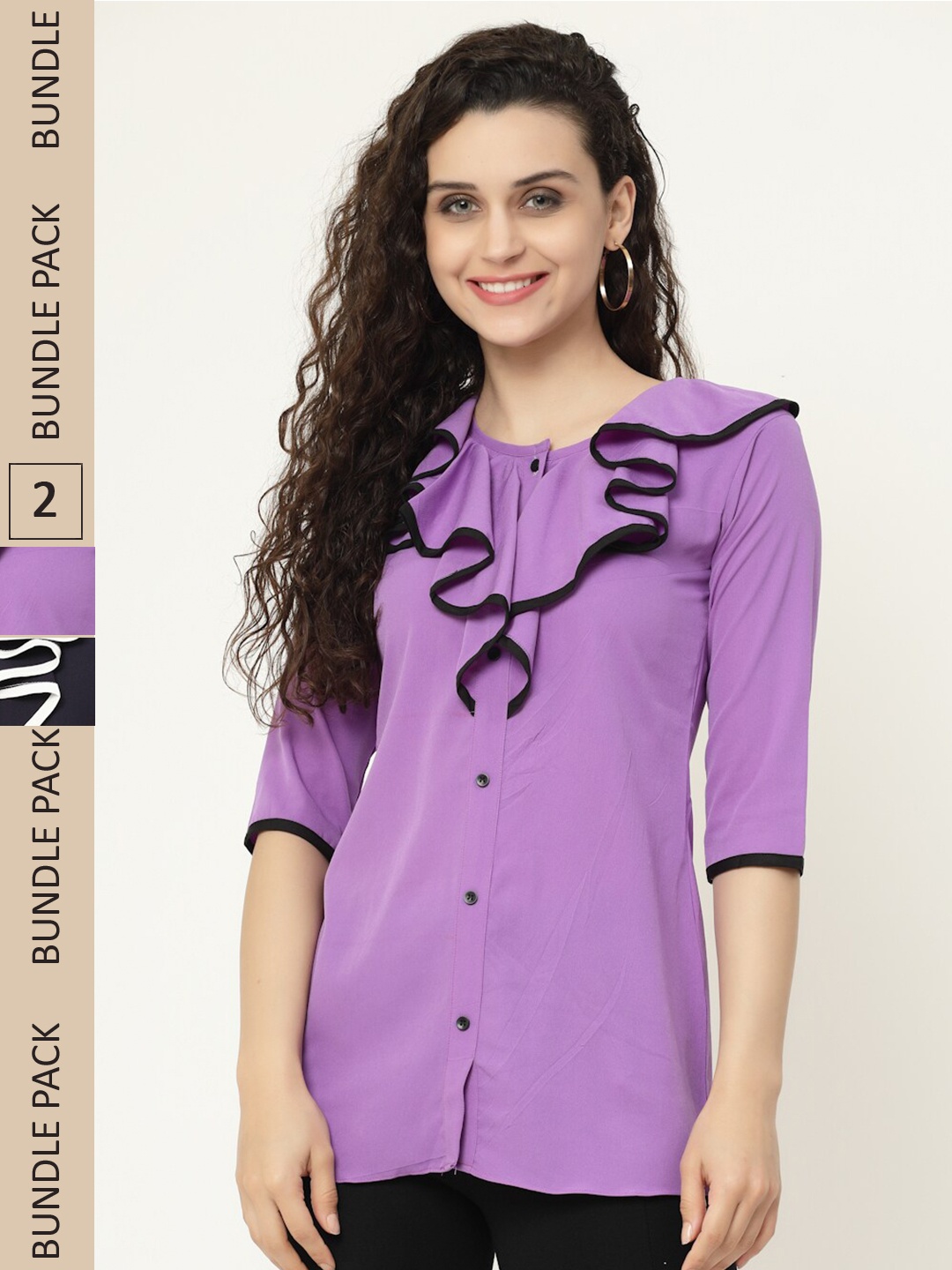 

MISS AYSE Lavender & Navy Blue Ruffles Shirt Style Top