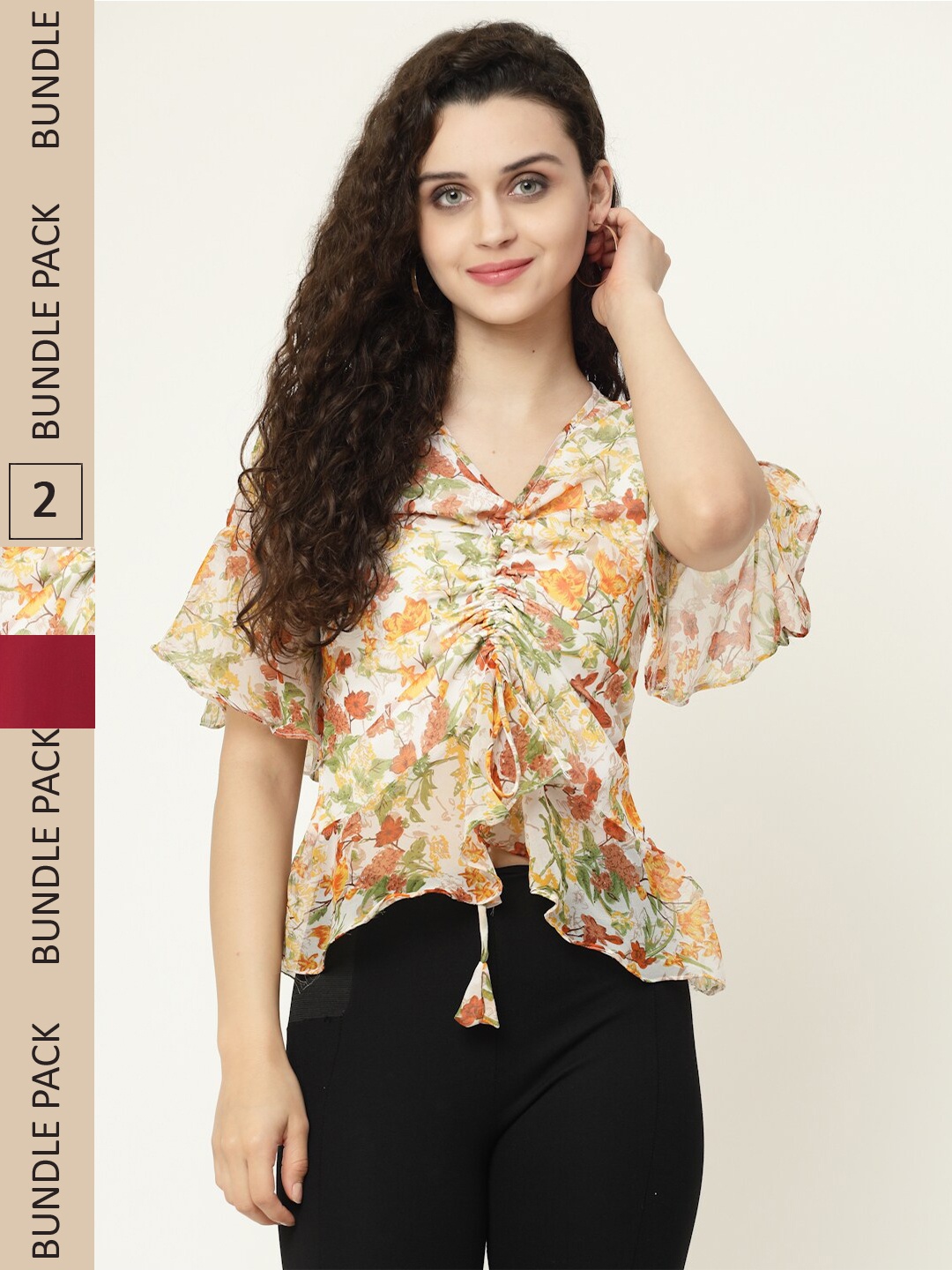 

MISS AYSE Red & Cream-Coloured Floral Print Georgette Top