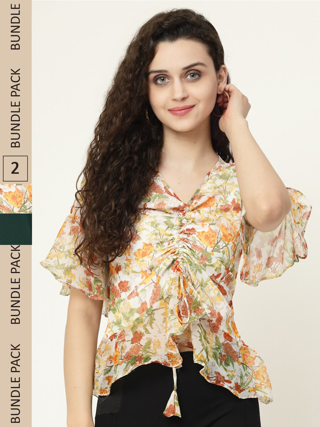 

MISS AYSE Cream-Coloured & Green Georgette Top