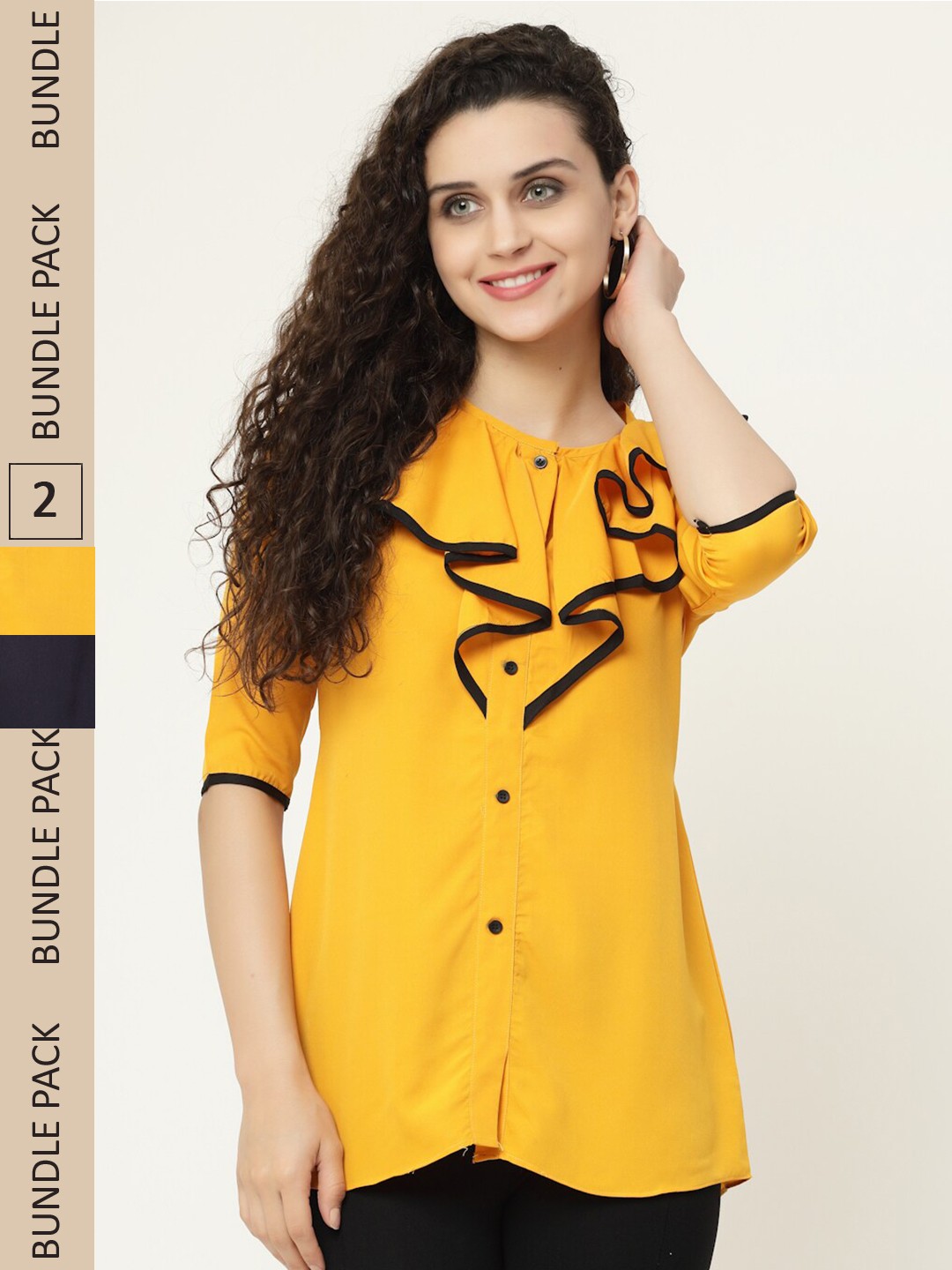 

MISS AYSE Navy Blue & Yellow Shirt Style Top