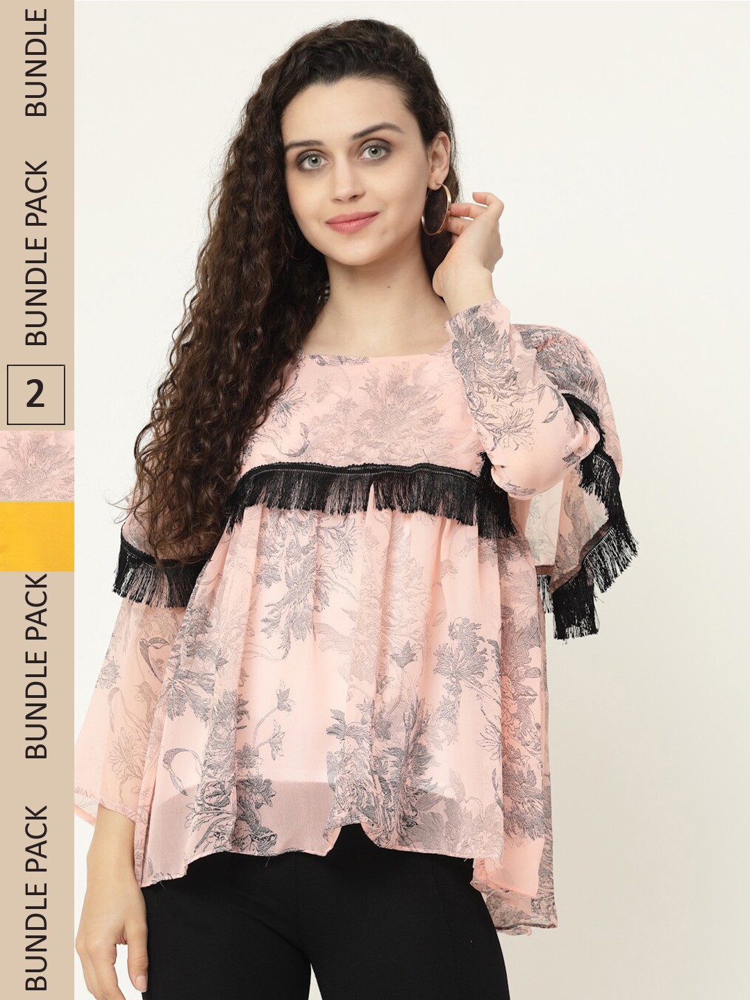 

MISS AYSE Peach-Coloured & Yellow Georgette Shirt Style Top