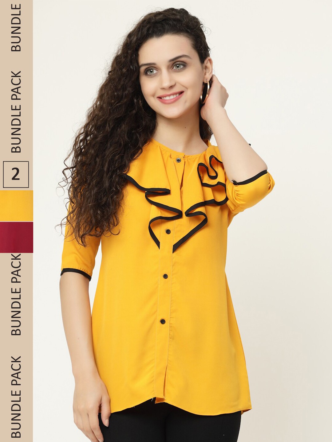 

MISS AYSE Maroon & Yellow Georgette Shirt Style Top