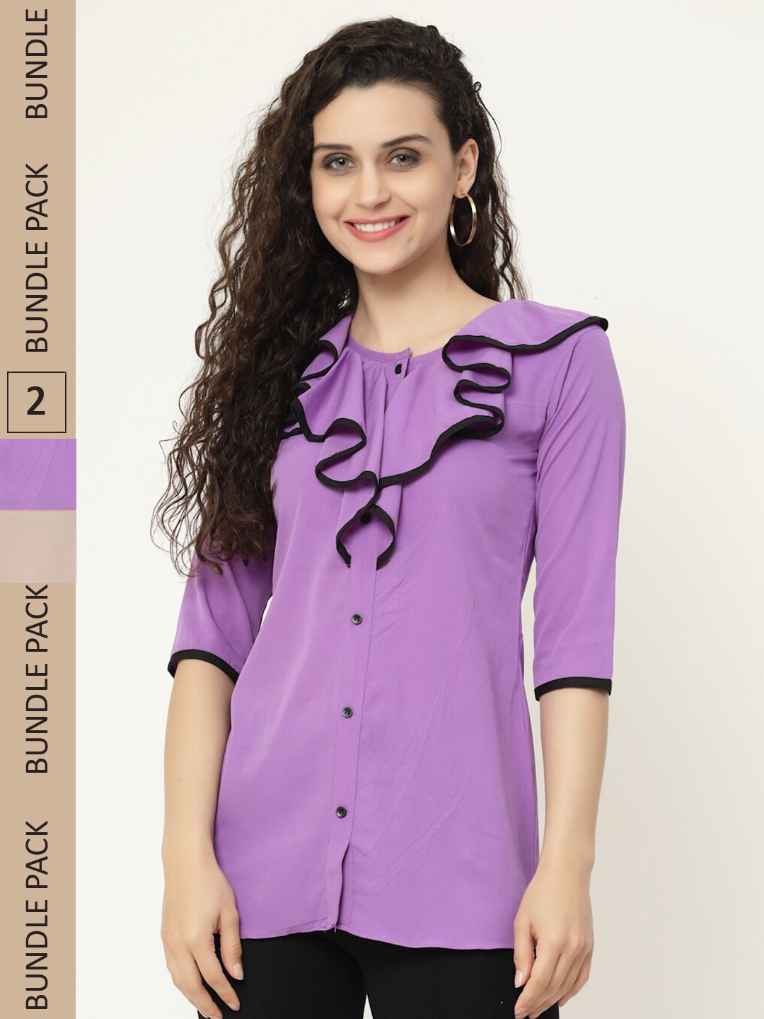 

MISS AYSE Beige & Purple Georgette Shirt Style Top