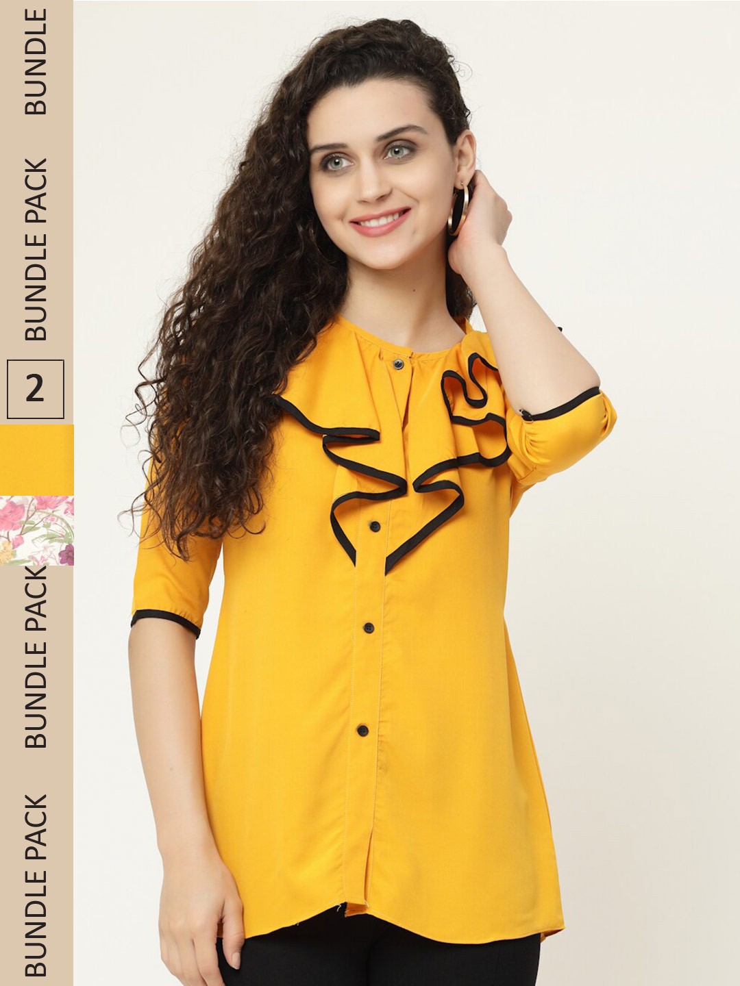 

MISS AYSE Off White & Yellow Pack Of 2 Georgette Shirt Style Top