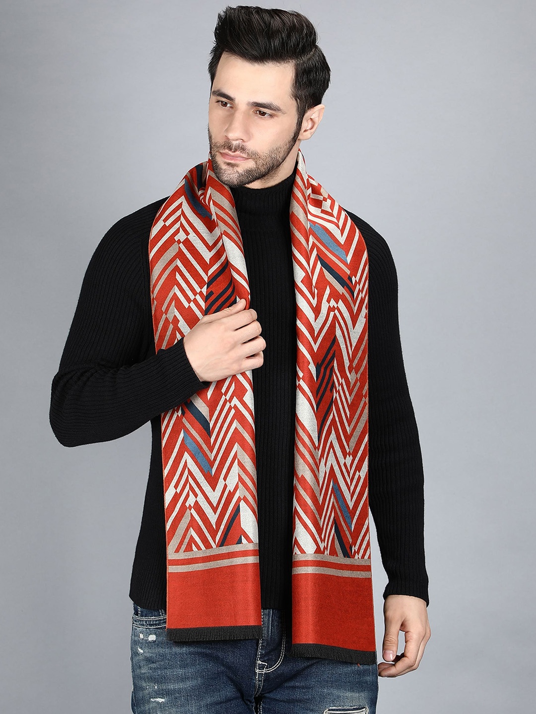 

Alvaro Castagnino Men Orange & Grey Geometric Printed Merino Wool Muffler