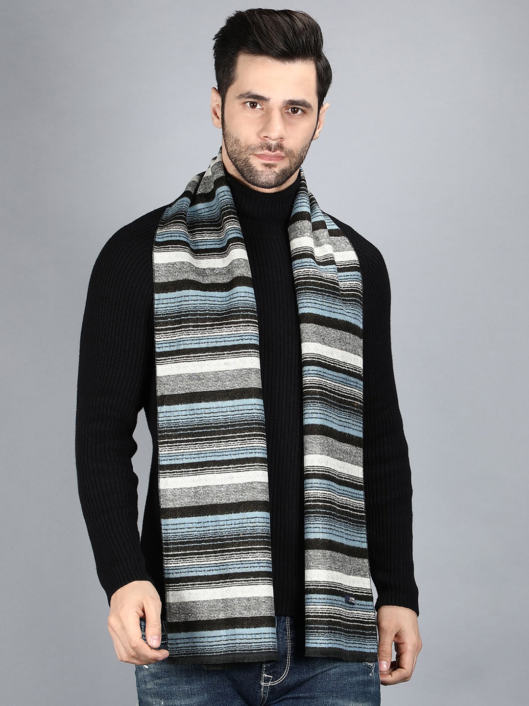 

Alvaro Castagnino Men Blue & Black Striped Merino Wool Muffler