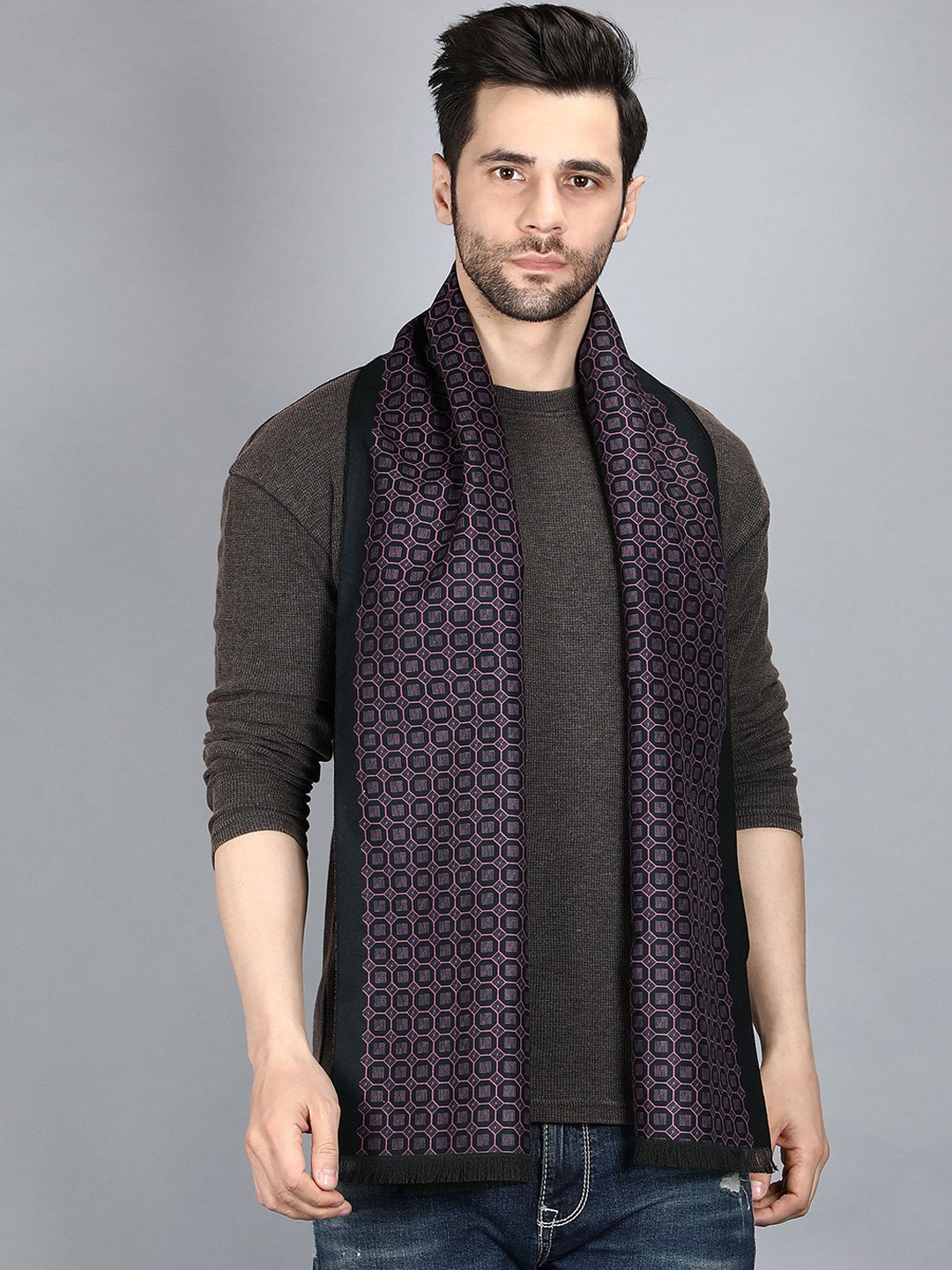 

Alvaro Castagnino Men Black & Pink Printed Merino Wool Muffler