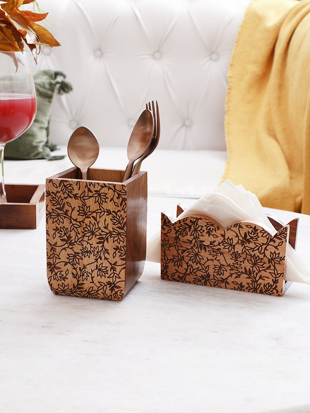 

VarEesha Set of 2 Brown Sheesham Wooden Cutlery & Napkin Holder
