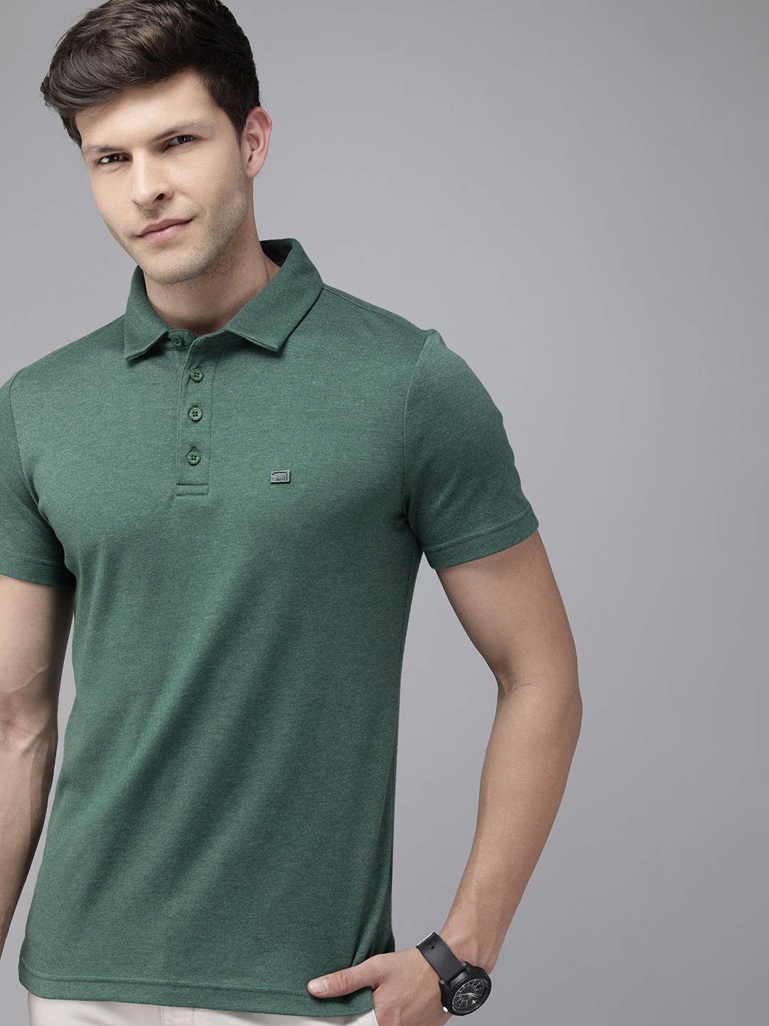 

THE BEAR HOUSE Men Green Polo Collar Slim Fit T-shirt