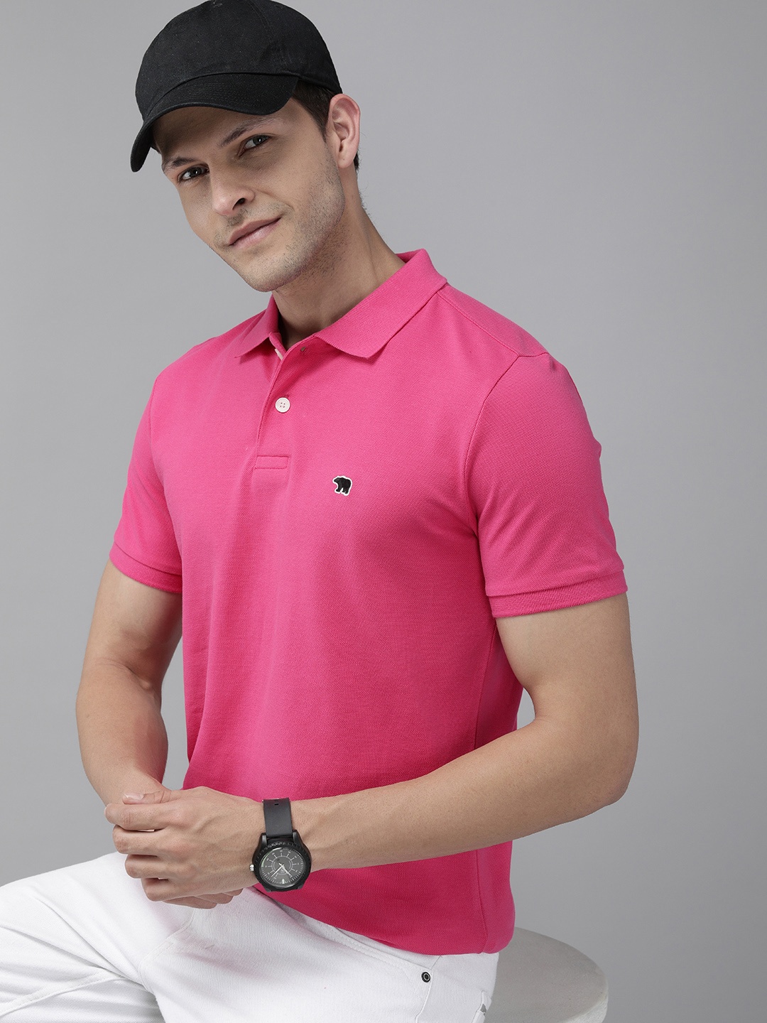 

THE BEAR HOUSE Men Pink Polo Collar Slim Fit Cotton T-shirt