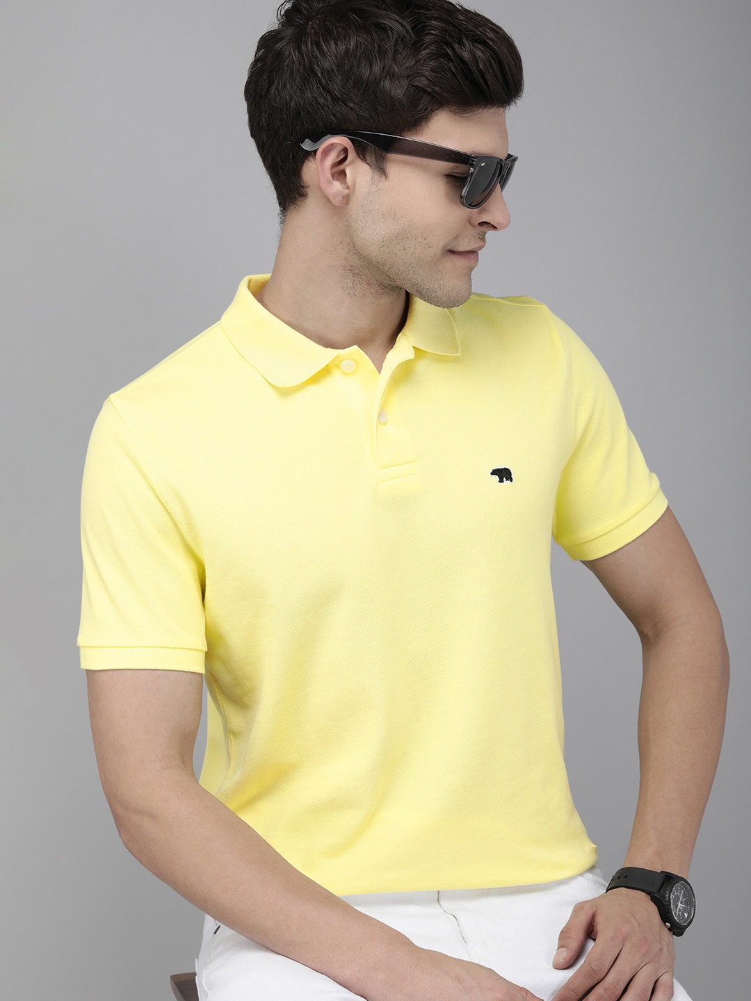 

THE BEAR HOUSE Men Yellow Polo Collar Slim Fit Cotton T-shirt