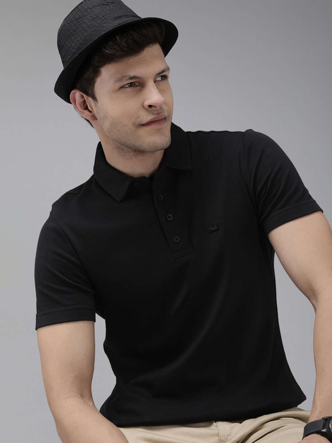 

THE BEAR HOUSE Men Black Polo Collar Slim Fit Cotton T-shirt