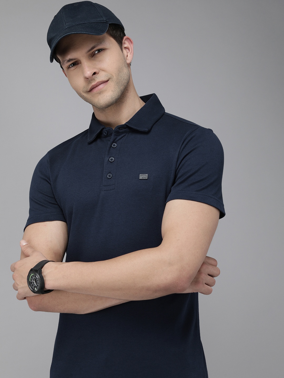 

THE BEAR HOUSE Men Navy Blue Polo Collar Pure Cotton Slim Fit T-shirt