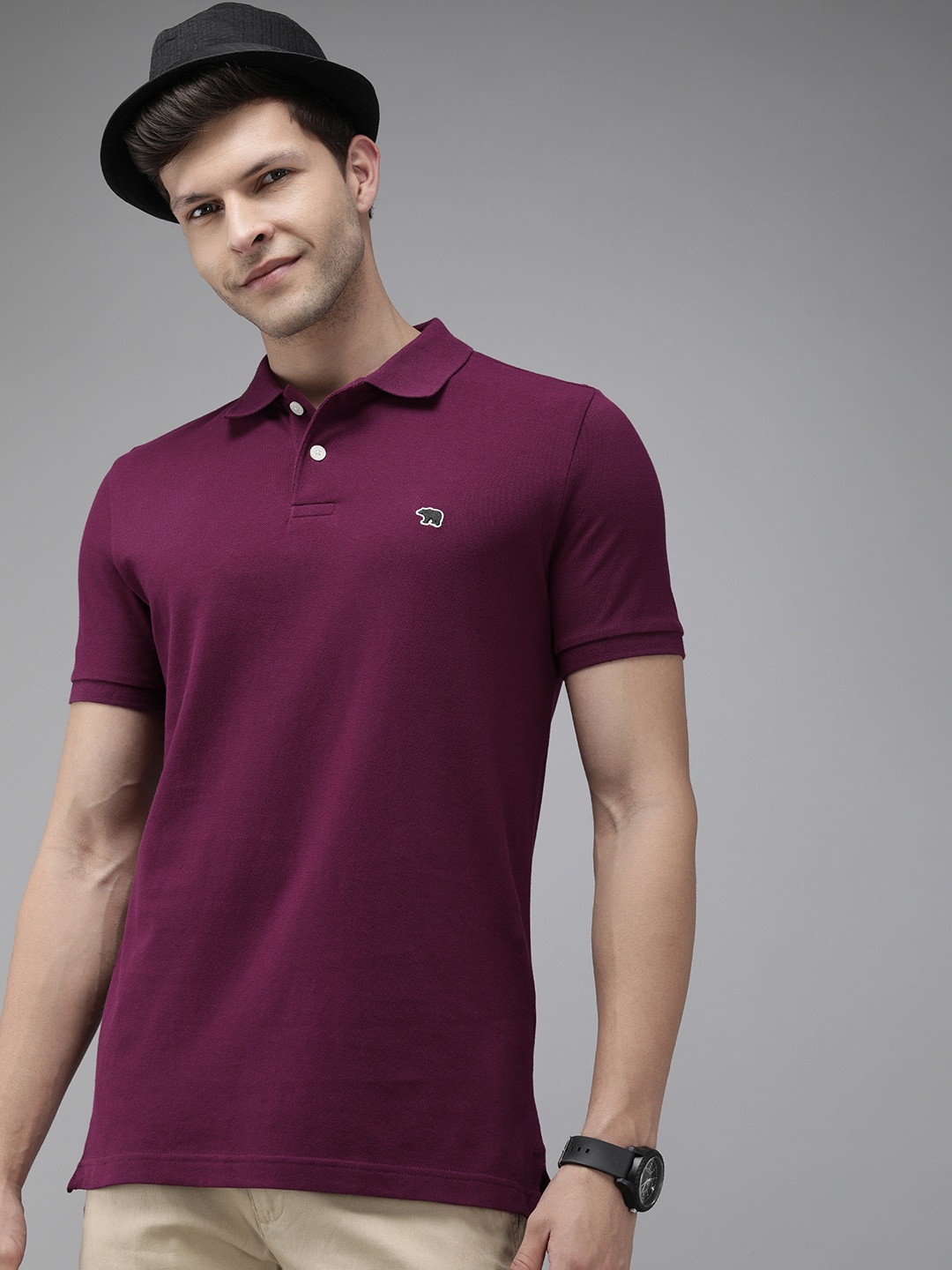 

THE BEAR HOUSE Men Purple Polo Collar Pure Cotton Slim Fit T-shirt