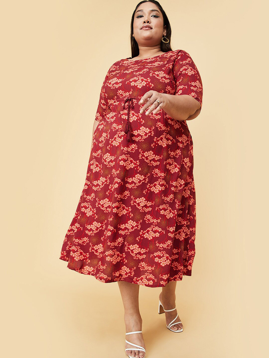 

max Red Floral Ethnic A-Line Midi Dress