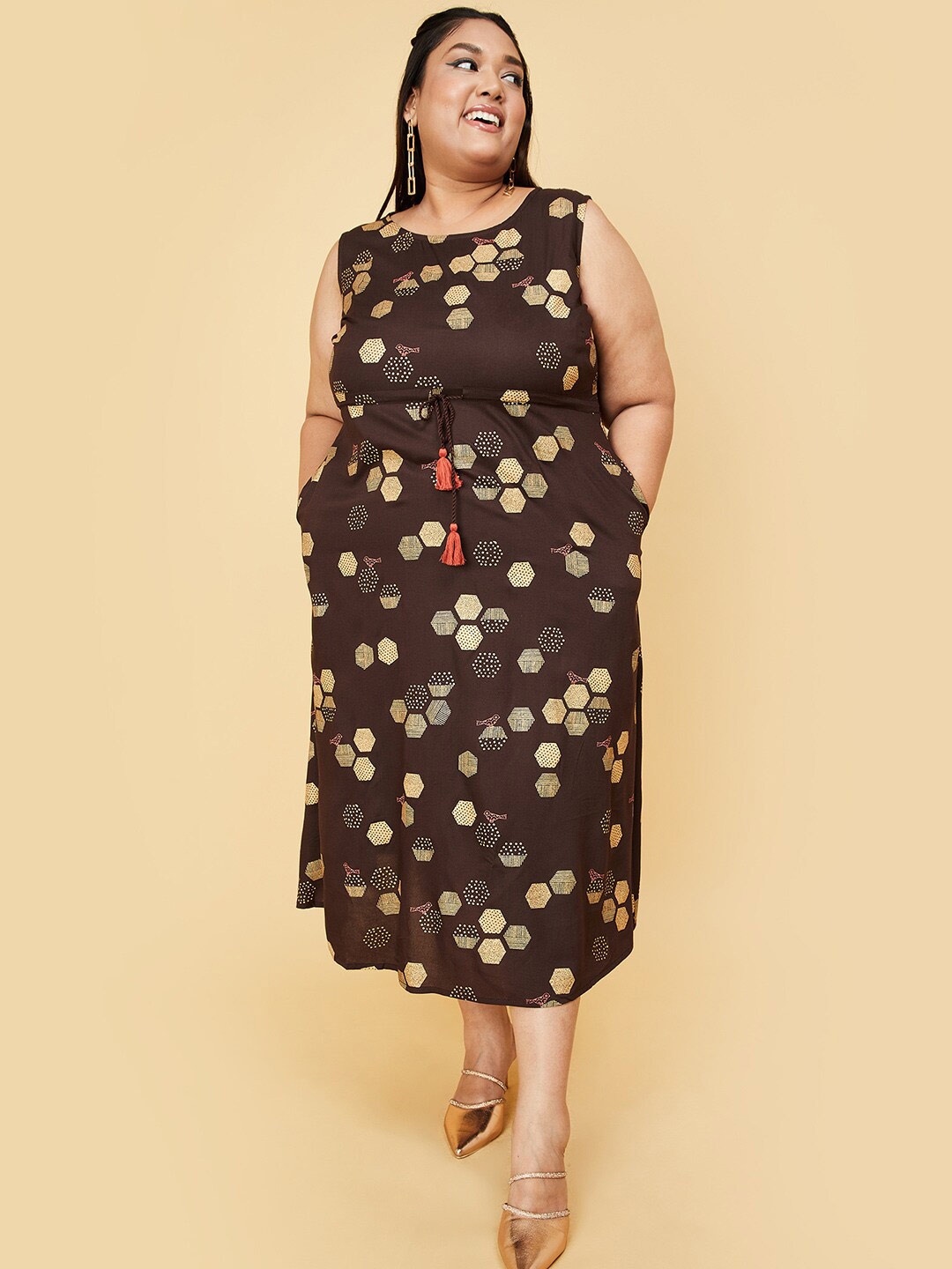 

max Brown Ethnic A-Line Midi Dress