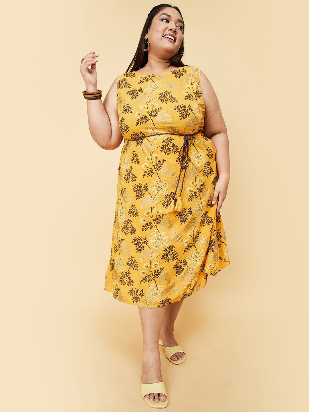

max Mustard Yellow Floral A-Line Midi Dress