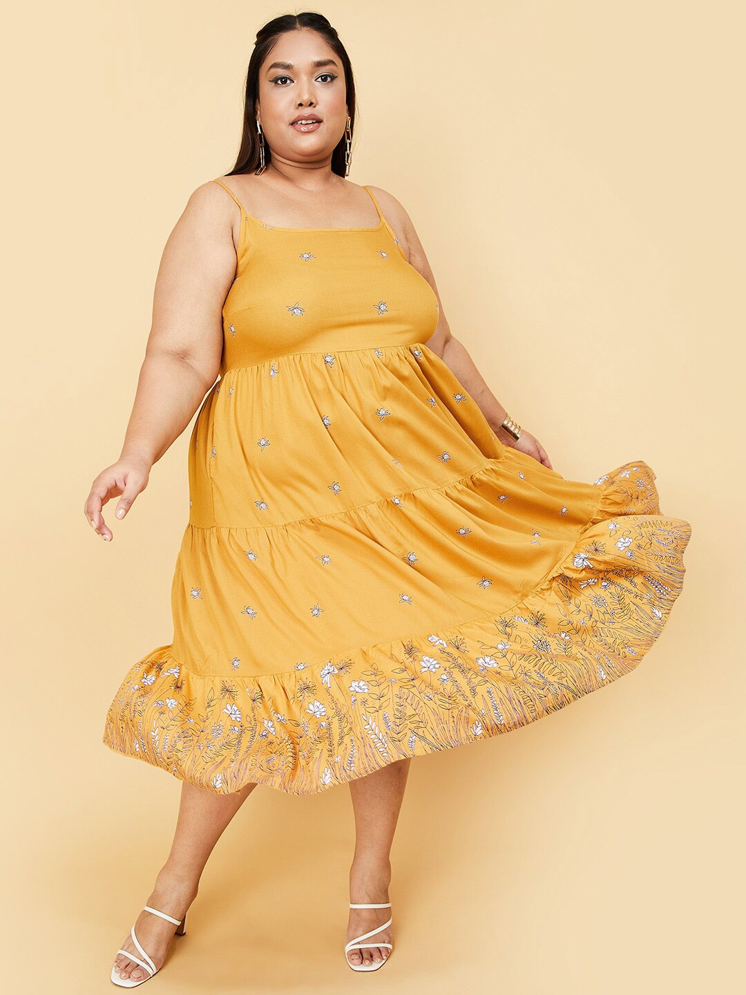 

max Mustard Yellow Floral Ethnic A-Line Midi Dress