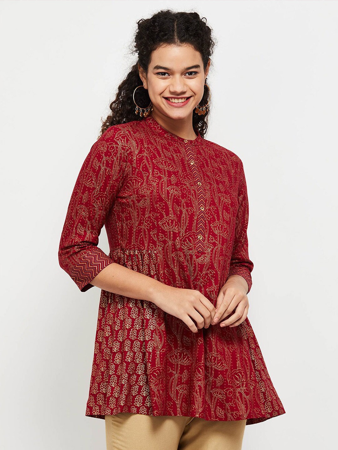 

max Viscose Rayon Mandarin Collar Printed Tunic, Red