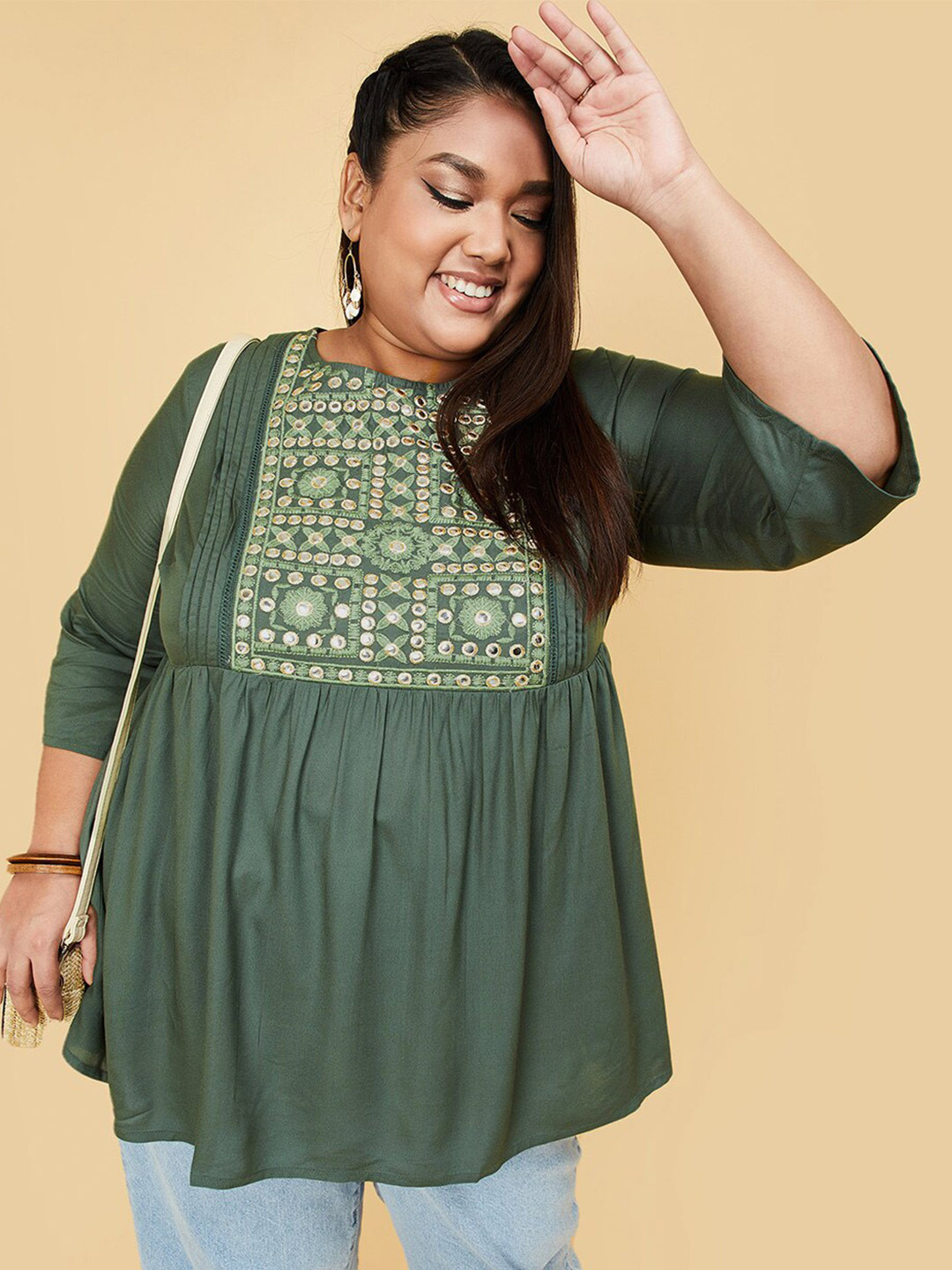 

max Floral Embroider Printed Plus Size Tunic, Green