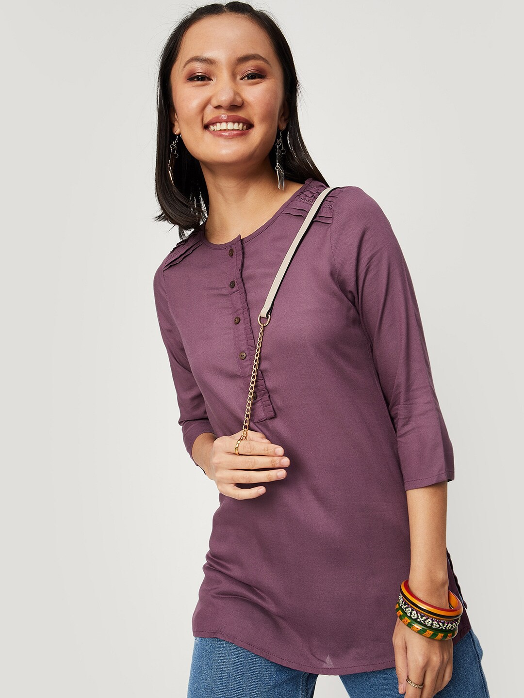 

max Round Neck Pleated Kurti, Purple