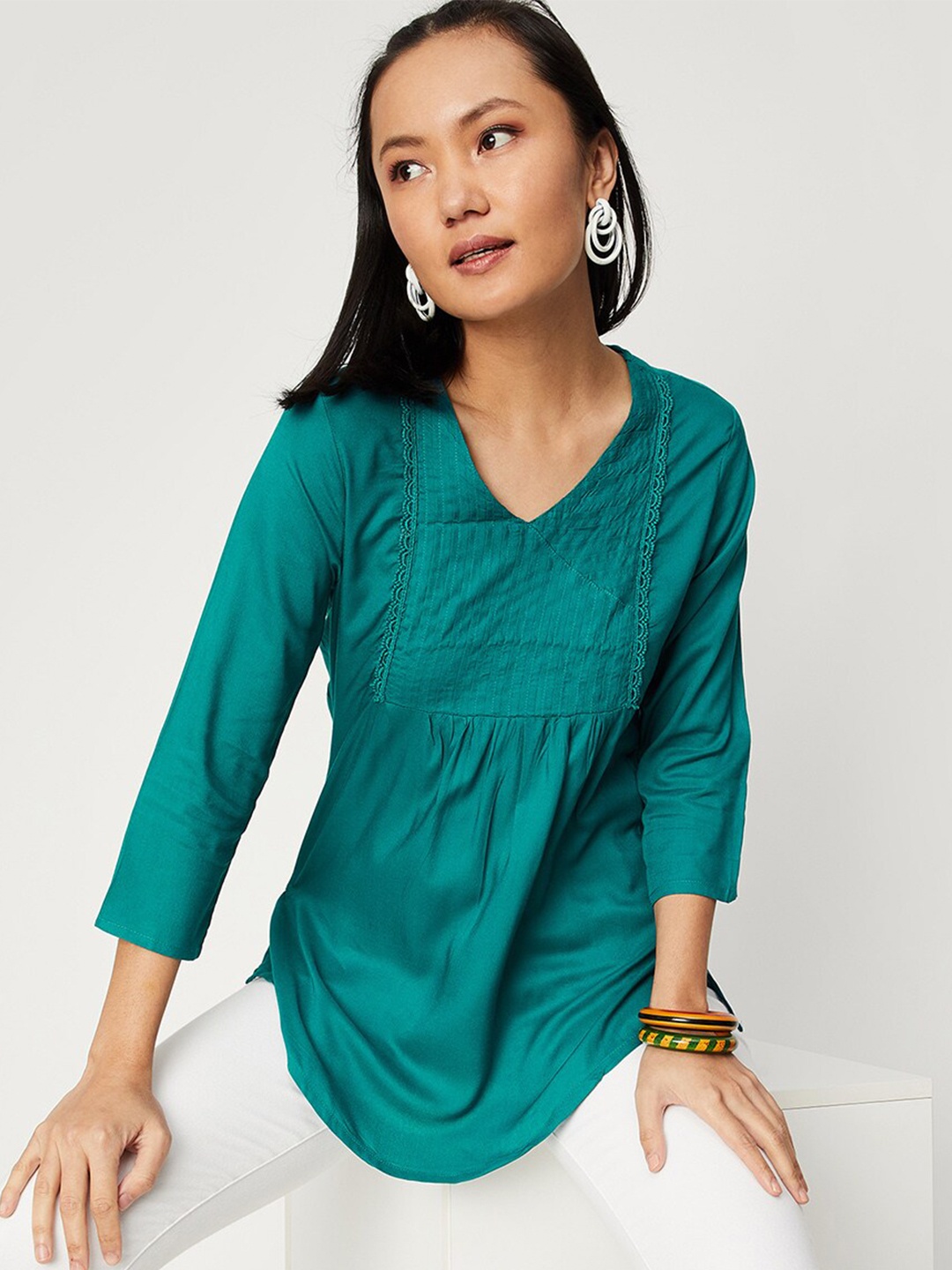 

max Striped V-Neck Thread Work Thread Work Pleated Kurti, Teal