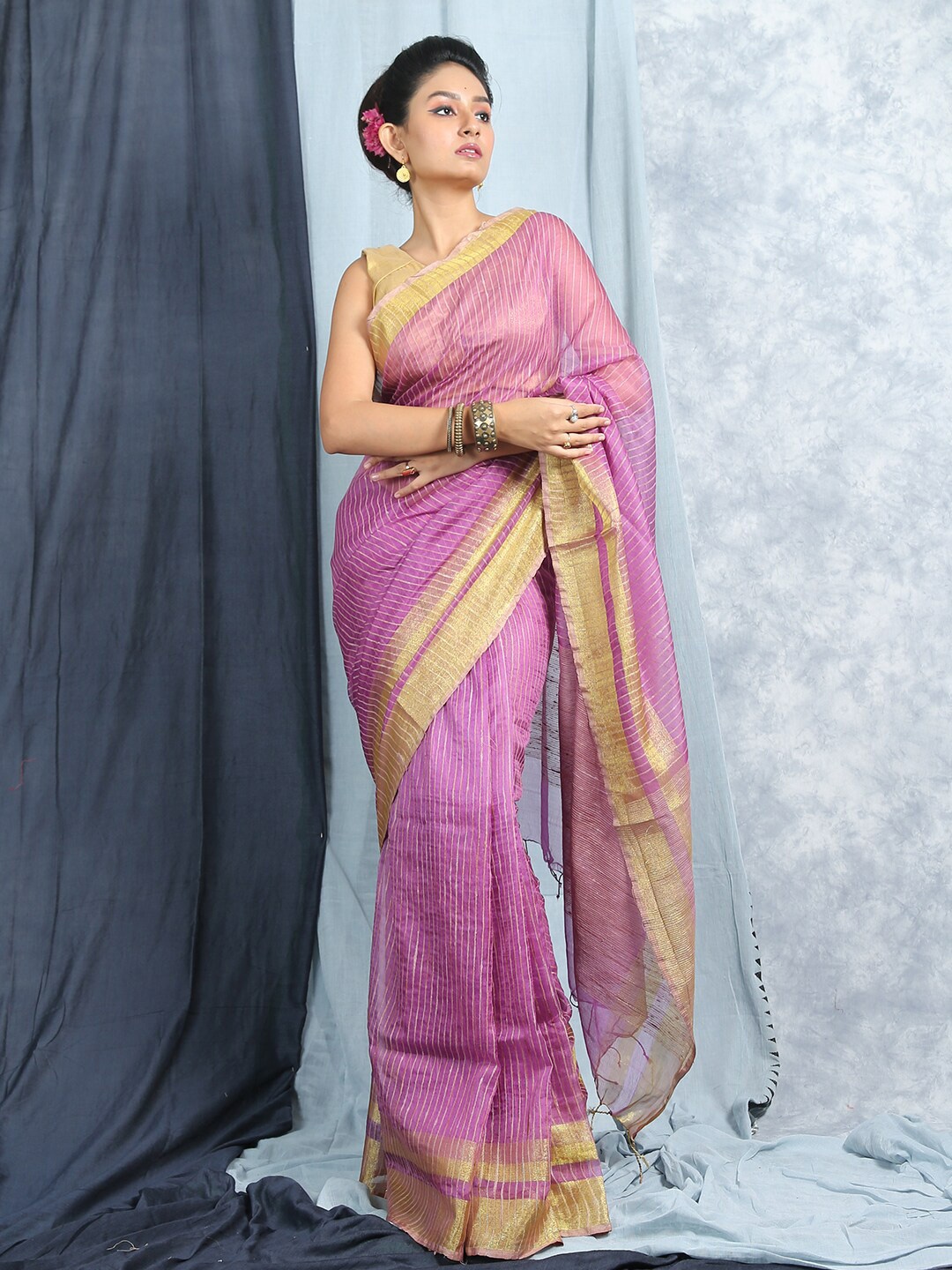 

HERE&NOW Lavender & Gold-Toned Striped Zari Jute Silk Bhagalpuri Saree