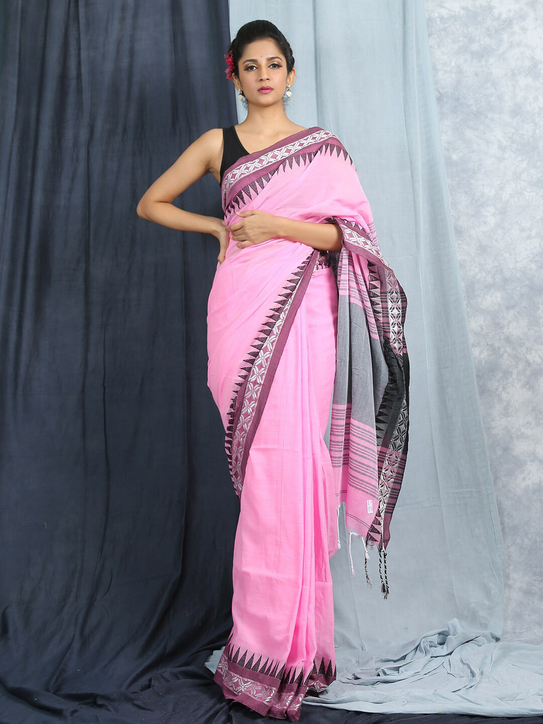 

HERE&NOW Pink & Grey Pure Cotton Khadi Saree