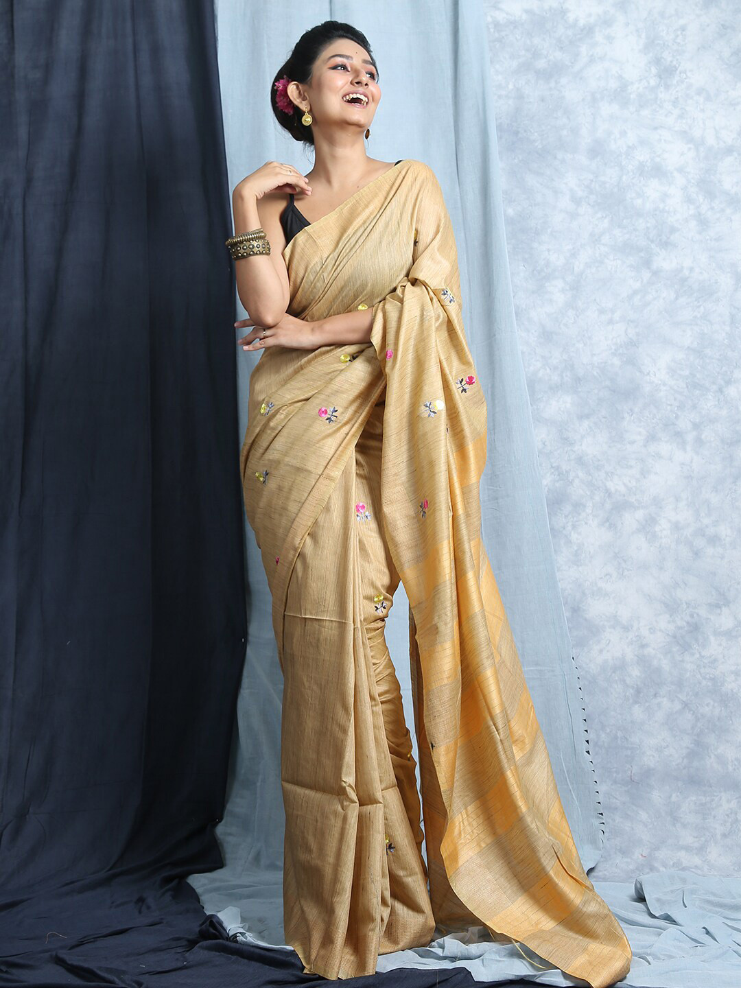 

HERE&NOW Beige & Yellow Floral Embroidered Bhagalpuri Saree