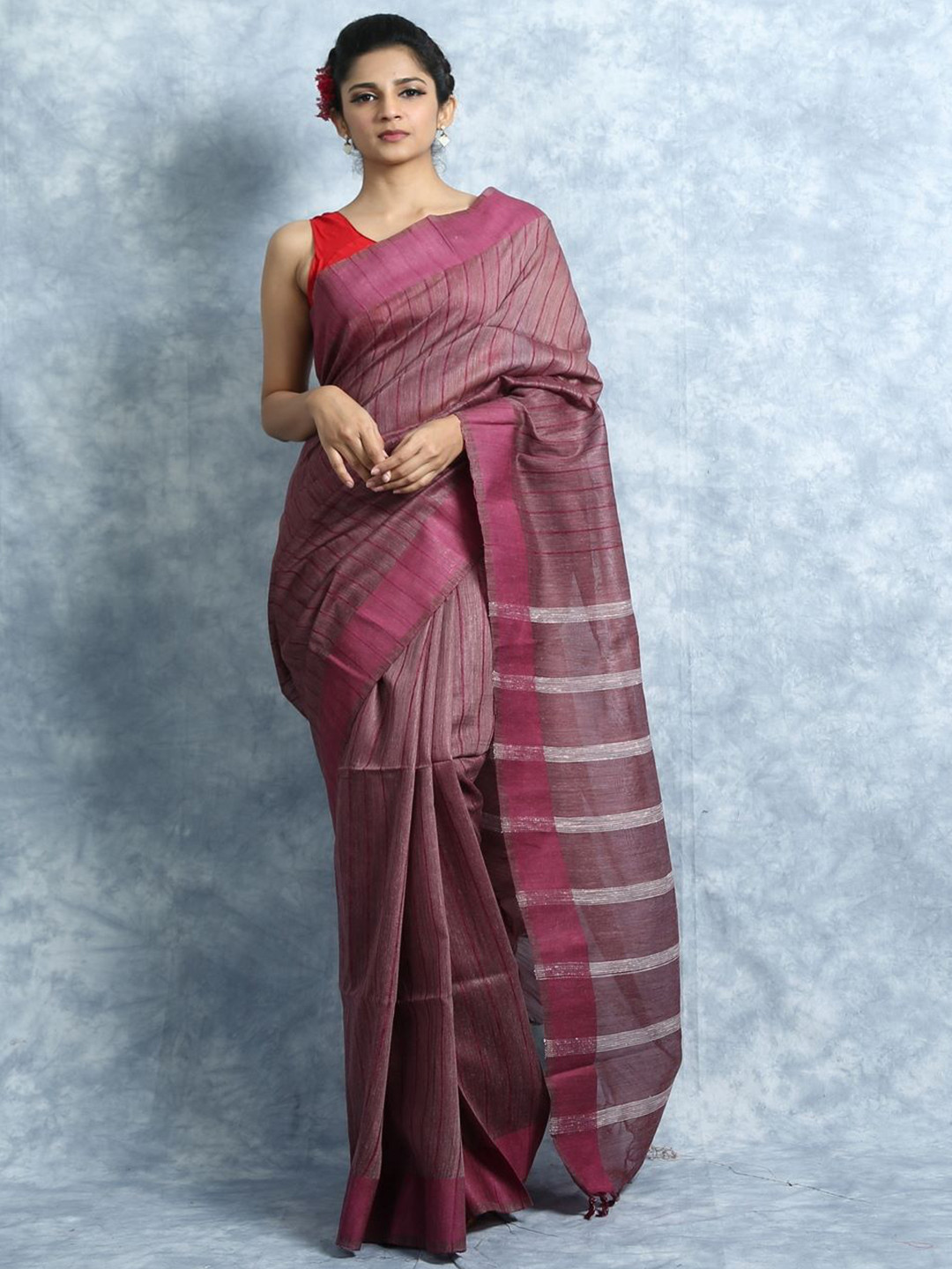 

HERE&NOW Mauve & White Striped Bhagalpuri Saree