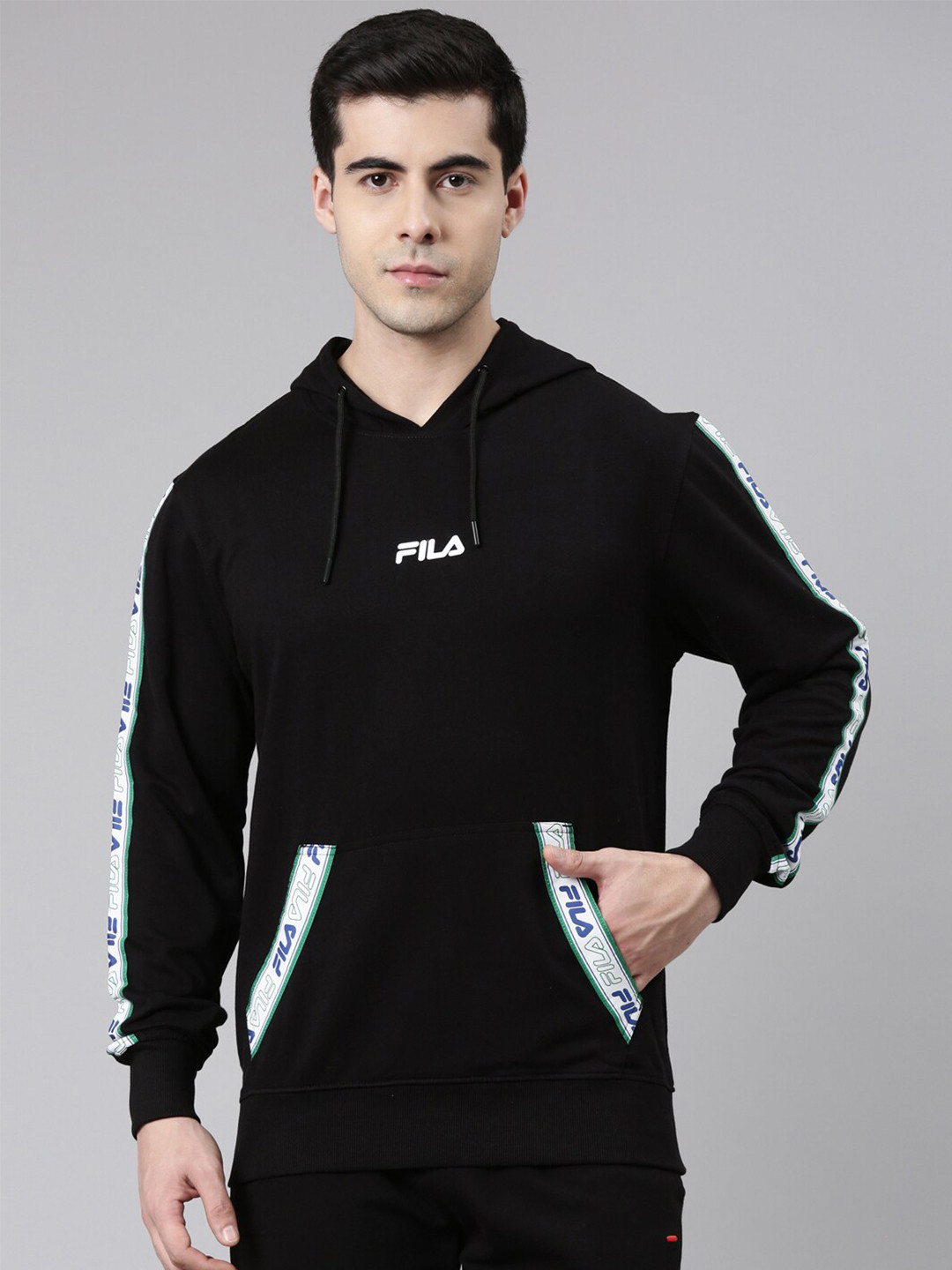 

FILA Men Black Solid Hooded Cotton Sweatshirt