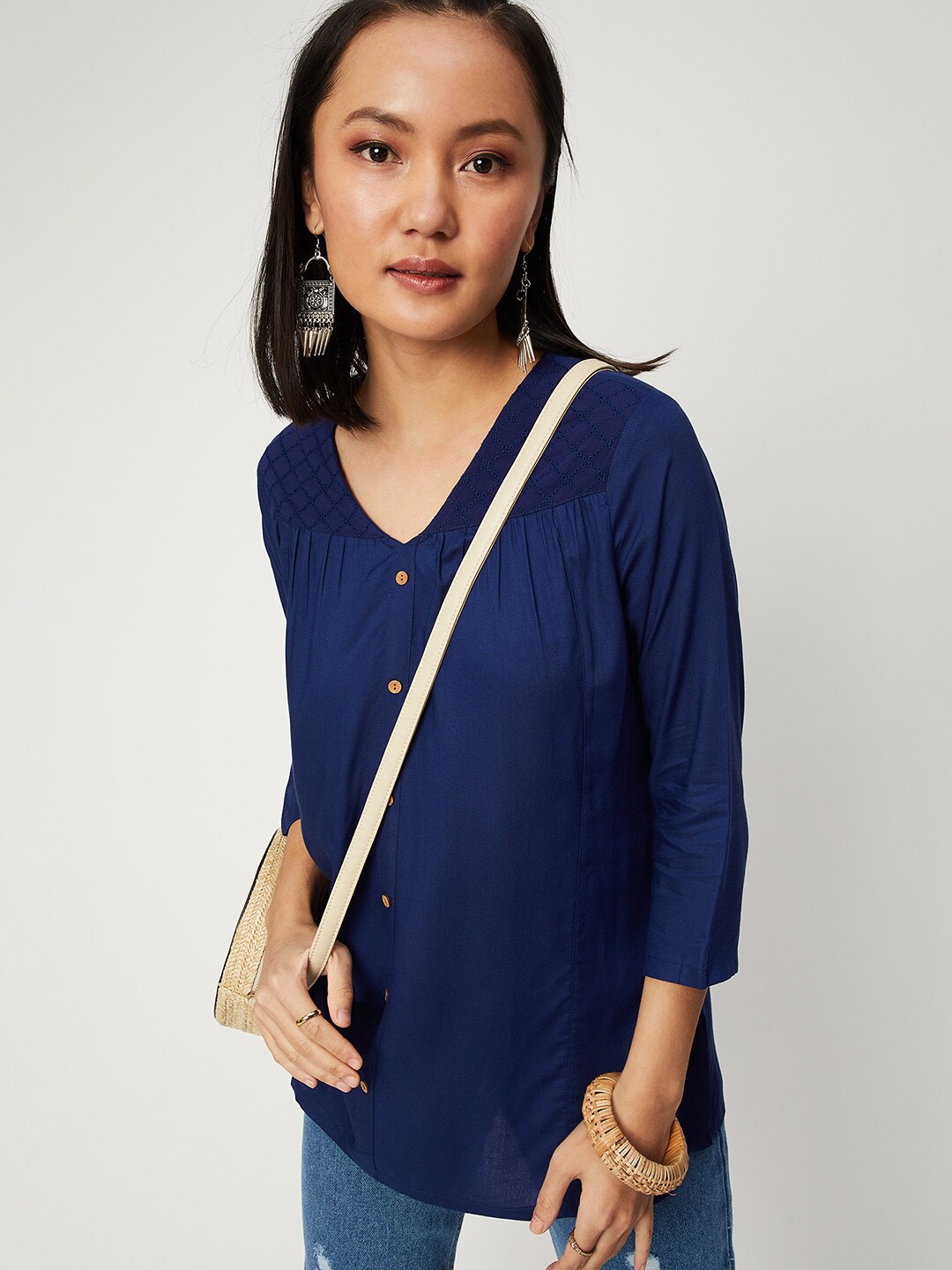 

max V-Neck Three-Quarter Sleeves Regular Top, Navy blue