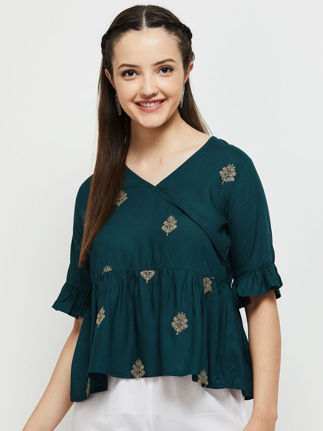 

max Floral Embroidered Wrap Top, Green