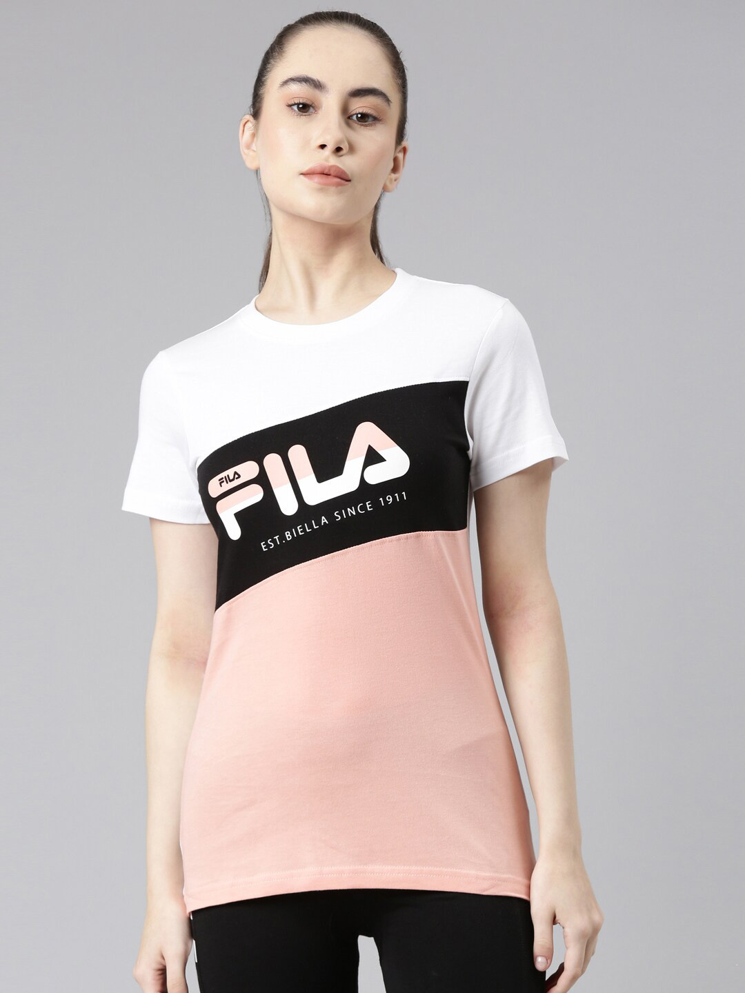

FILA Women White & Peach Typography Printed Monochrome Organic Cotton T-shirt