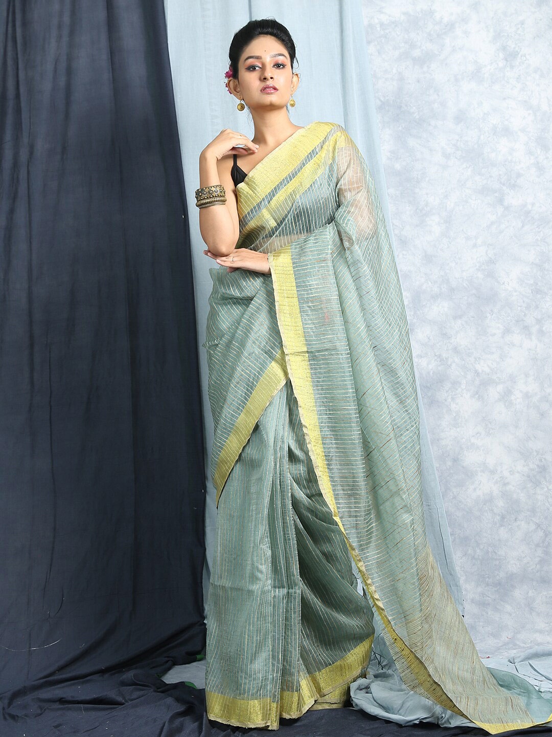 

HERE&NOW Green & Yellow Striped Zari Jute Silk Bhagalpuri Saree