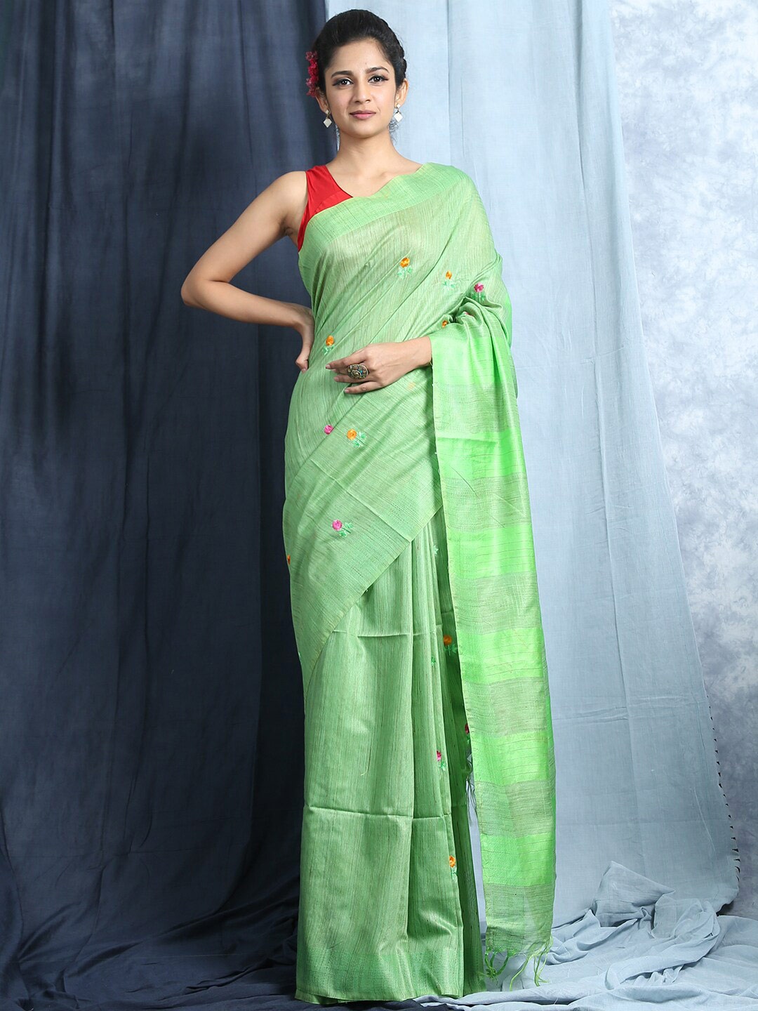 

HERE&NOW Lime Green & Pink Floral Embroidered Bhagalpuri Saree